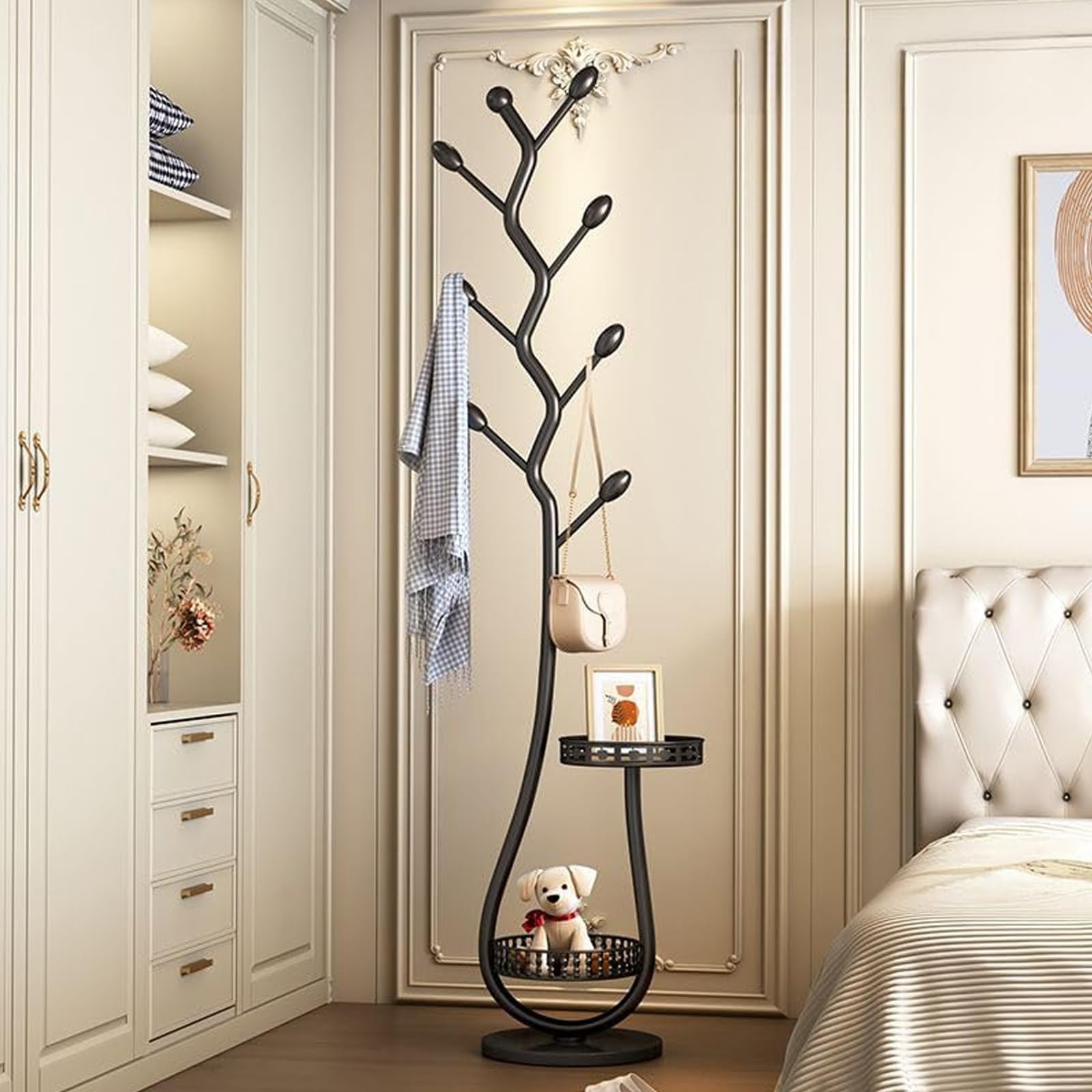 Attaccapanni in Metallo, Appendiabiti da Terra, Coat Rack con Cestino Portaoggetti può Appendere Vestiti, Cappelli(Black)