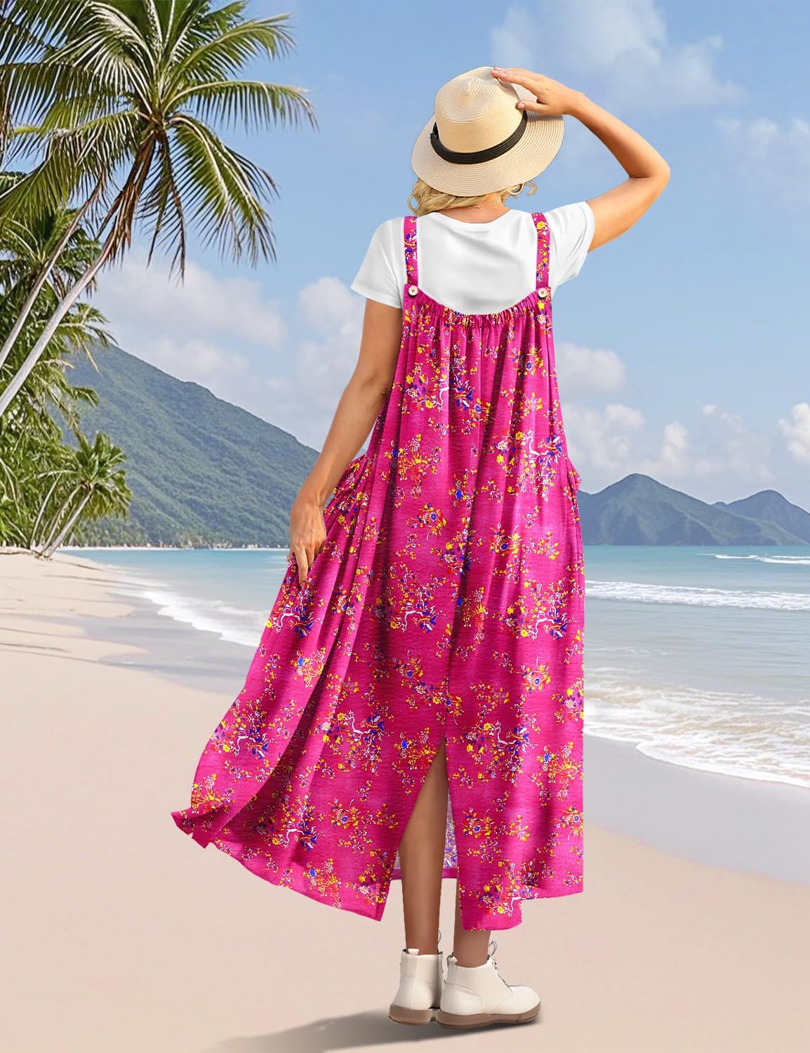 YESNO Casual Maxi Overalls Dress for Women Fall Boho Floral Outfits Back Slit Jumper Dresses with Adjustable Straps EP6