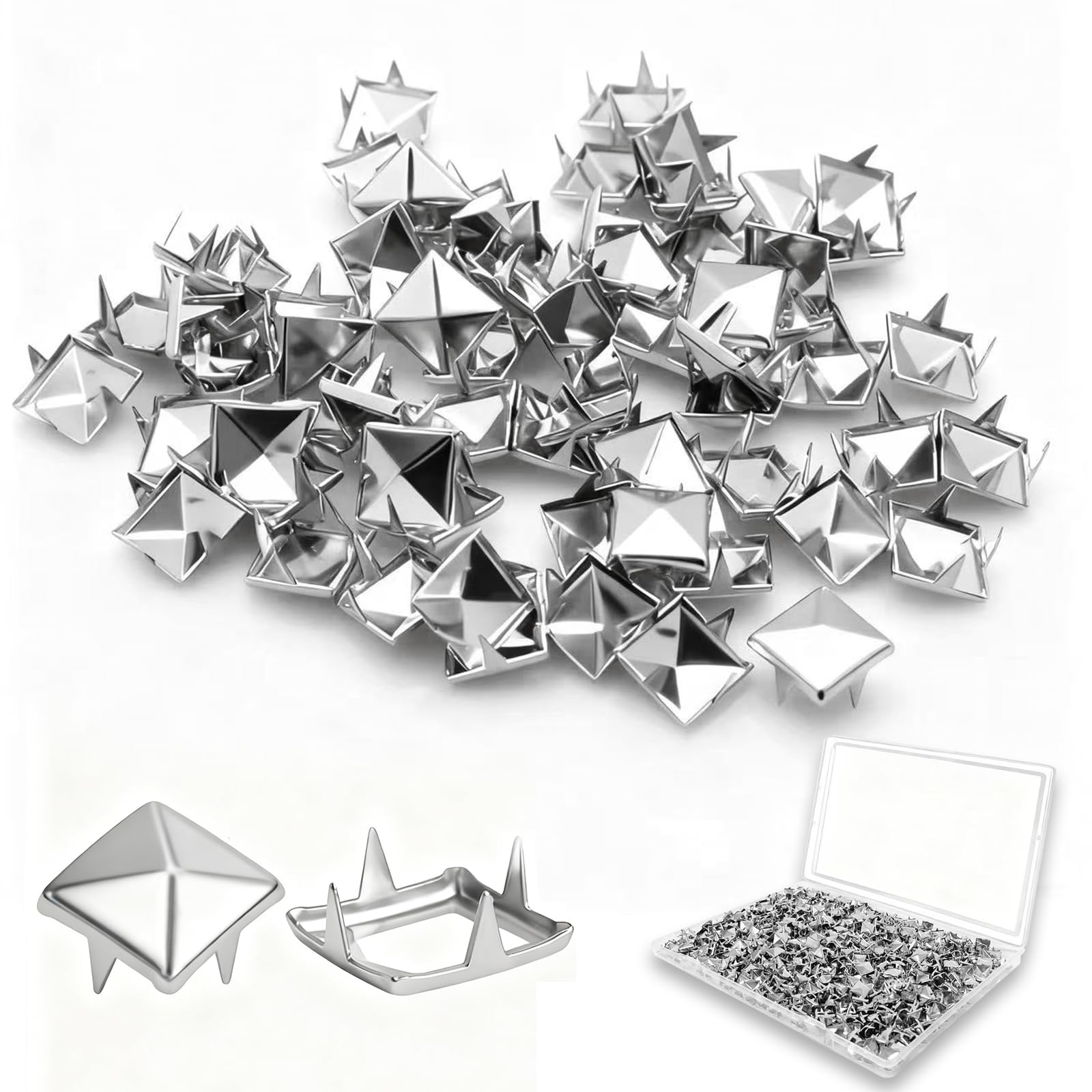 500PCS 10mm 4-Prong Square Spikes, Silver Metal Pyramid Studs for Crafts, Punk Style Rivets for Clothing Decoration, Leather Jacket, Bag, Dog Collar, Durable & Easy to Install-image-8
