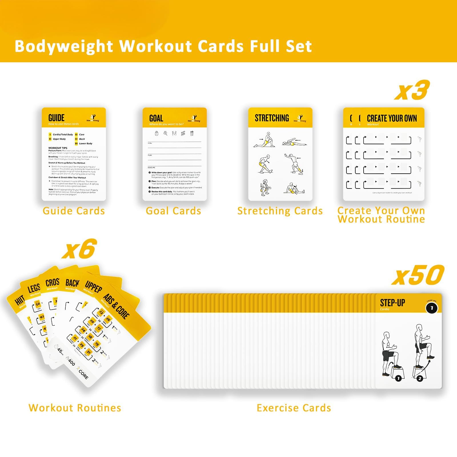 Jeu De 62 Cartes D’exercices Fitness – 50 Mouvements + 12 étirements, Taille 12,7x8,9 Cm, En Plastique Imperméable, Débutant à Expert