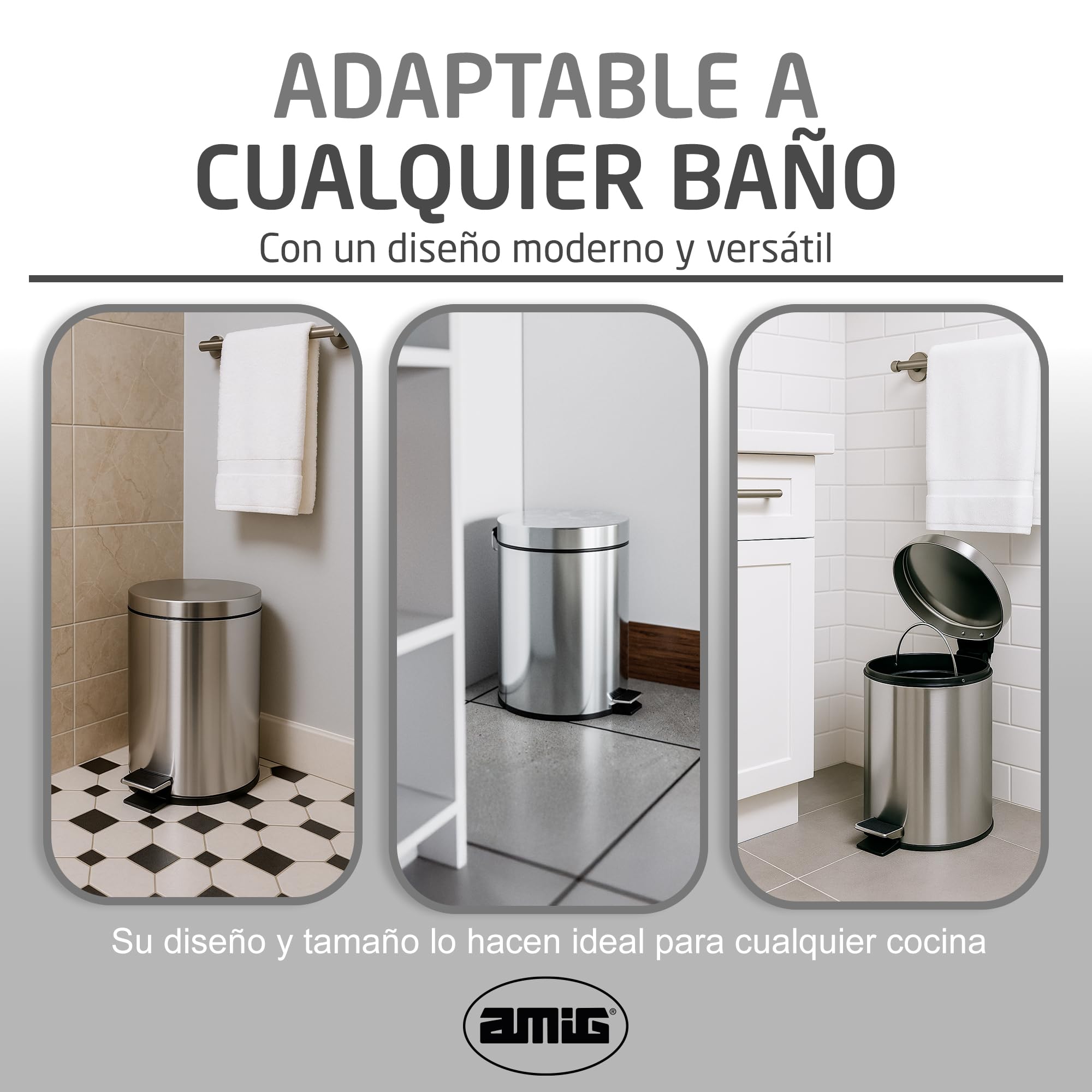 Amig - Cubo de Basura para Baño con Pedal 3 Litros Mod. Linea - Color Inox Pulido - Apertura Higiénica sin Manos - Ø16,8 x 25,5 cm - Acero Inoxidable - Papelera Redonda con Cubo Interior Removible