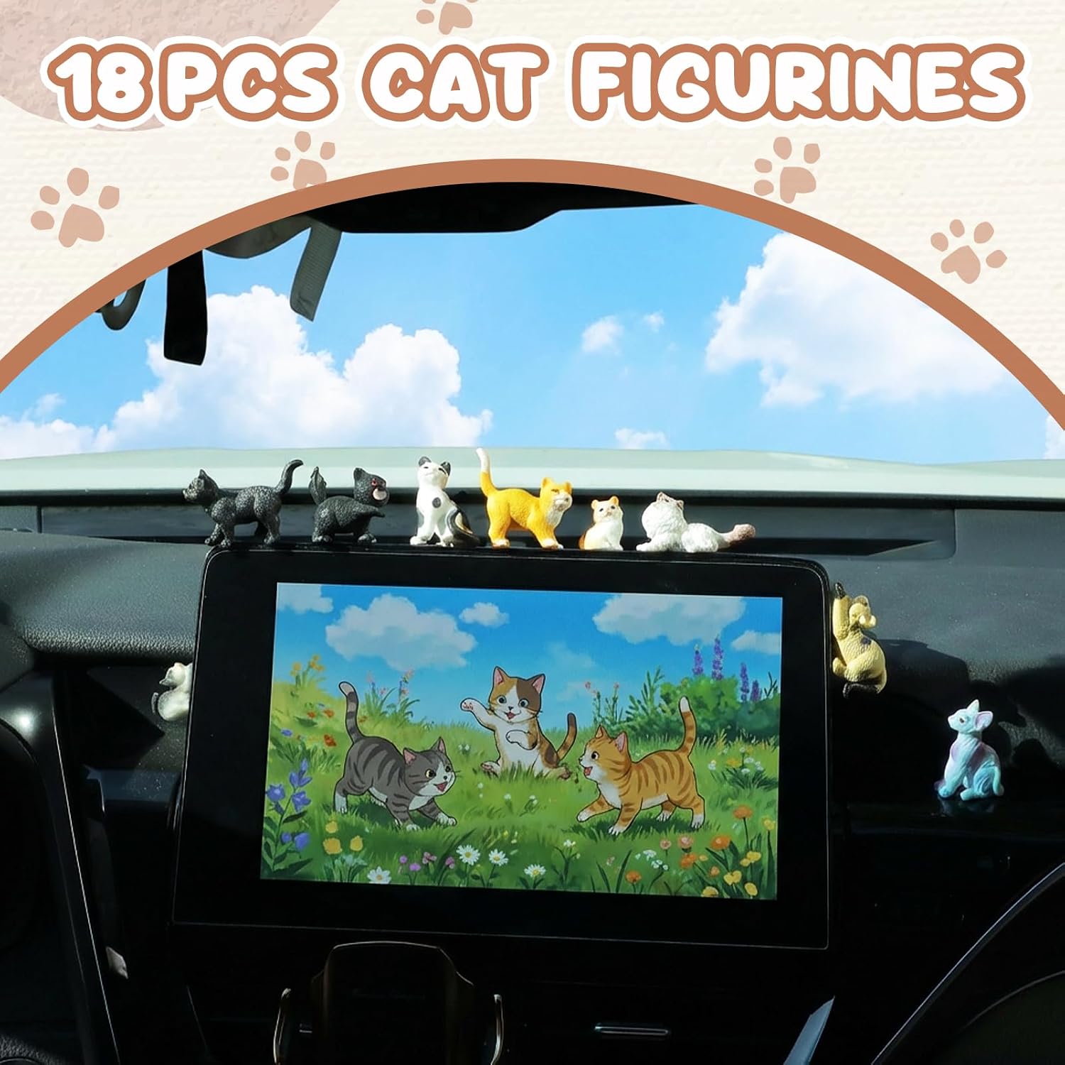 18 PCS Cat Car Interior Accessories, Cute Dashboard Decorations Funny Rearview Mirror Ornament Resin Cat Figurines for Car Home Garden Office Desk Computer Monitor