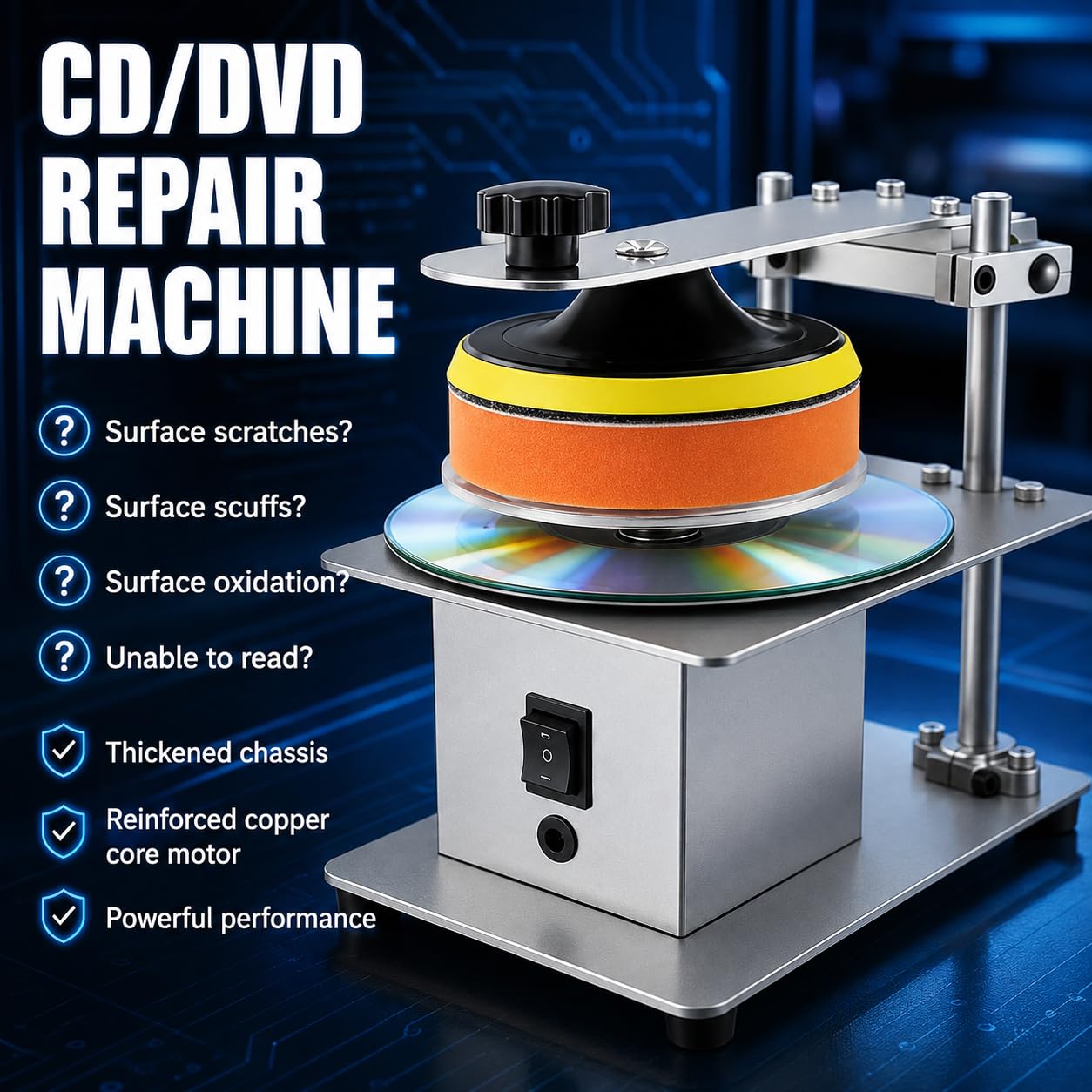 Maszyna do czyszczenia płyt CD DVD, silnik 200 W, 7 prędkości 1000-6000 obr./min, polerowanie do przodu/do tyłu, obudowa ze stali nierdzewnej