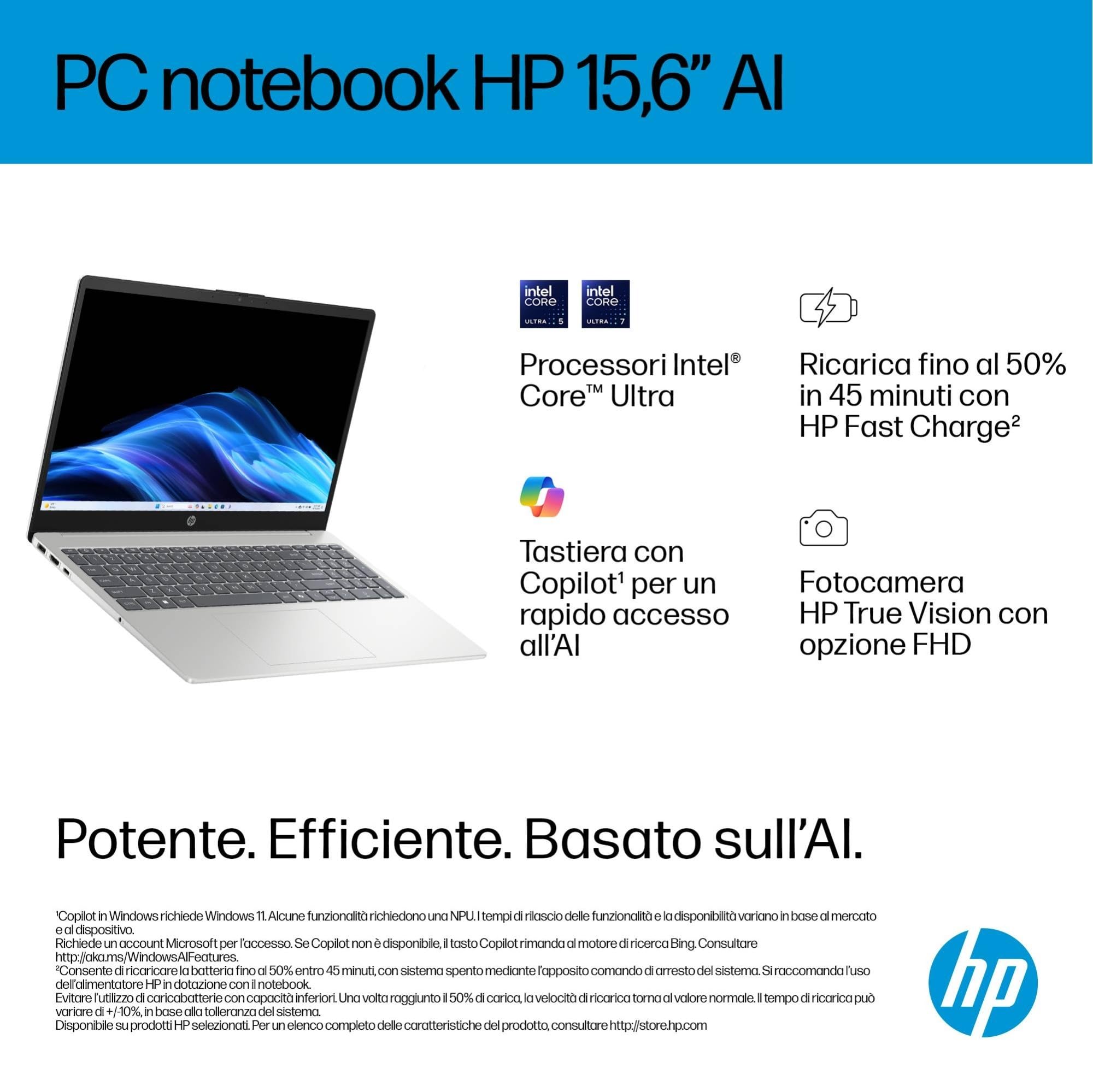 HP Laptop 15-fd1003sl, PC Portatile 15", Display FHD, Notebook, (Intel Core Ultra 7 155H, RAM 16GB, SSD 1TB, Windows 11), Computer Portatile, Uso quotidiano, Tastiera Italiana, QWERTY, Argento
