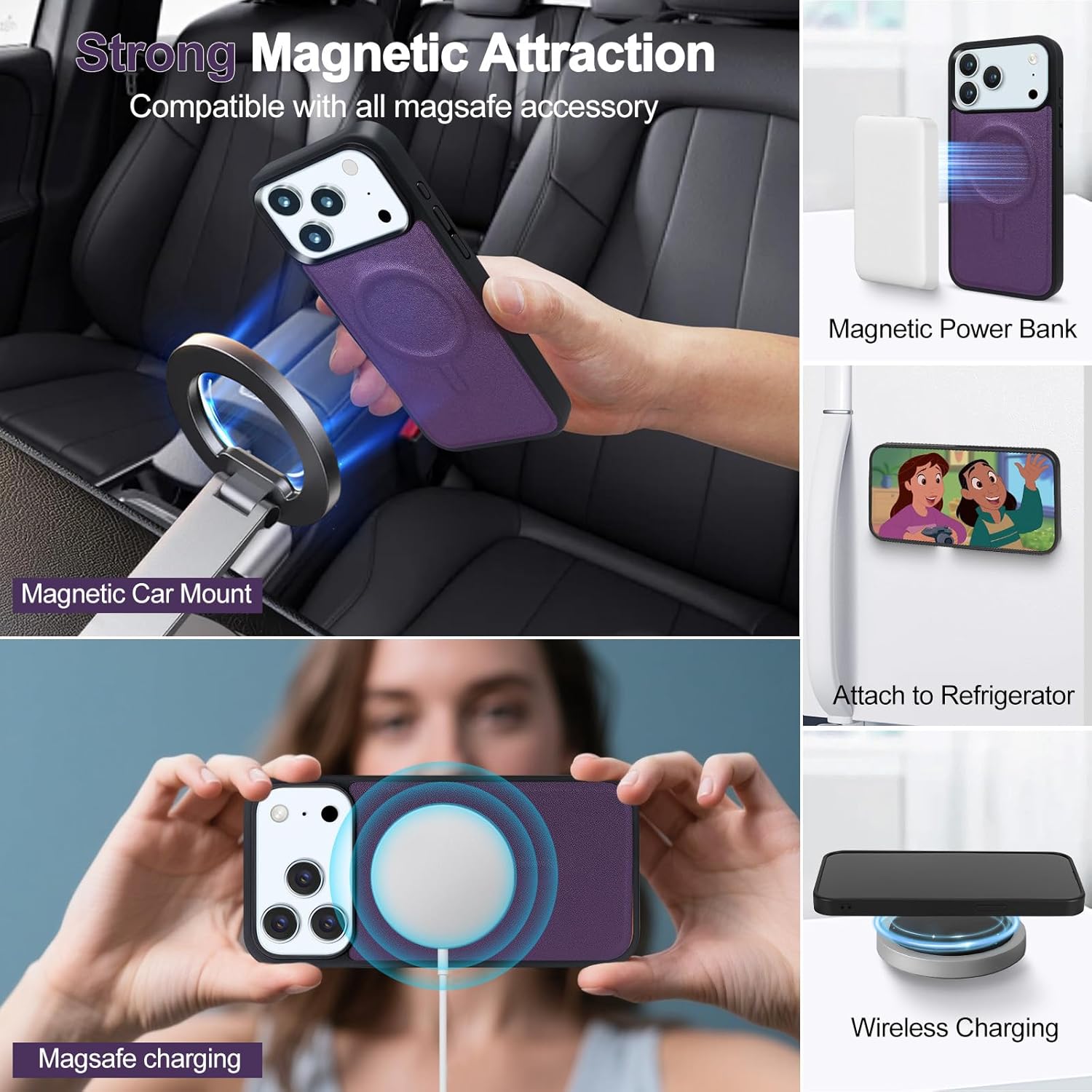 Harryshell 2 in 1 for iPhone 17 Pro Max Wallet Case Magnetic Compatible with Magsafe RFID Blocking Card Holder Detachable Phone Cover Zipper Purse Kickstand Wrist Strap for Men Women Purple