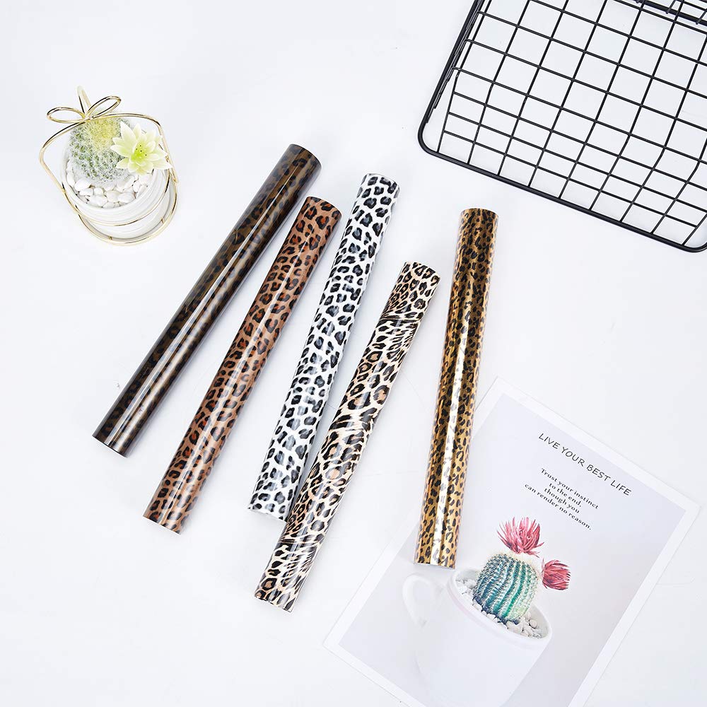 5 szt./zestaw lampart wzorzysty winyl termotransferowy, rozciągliwy 30 cm x 25 cm nadruk geparda HTV arkusze winylowe do dekoracji t-shirtów i materiałów rzemieślniczych DIY