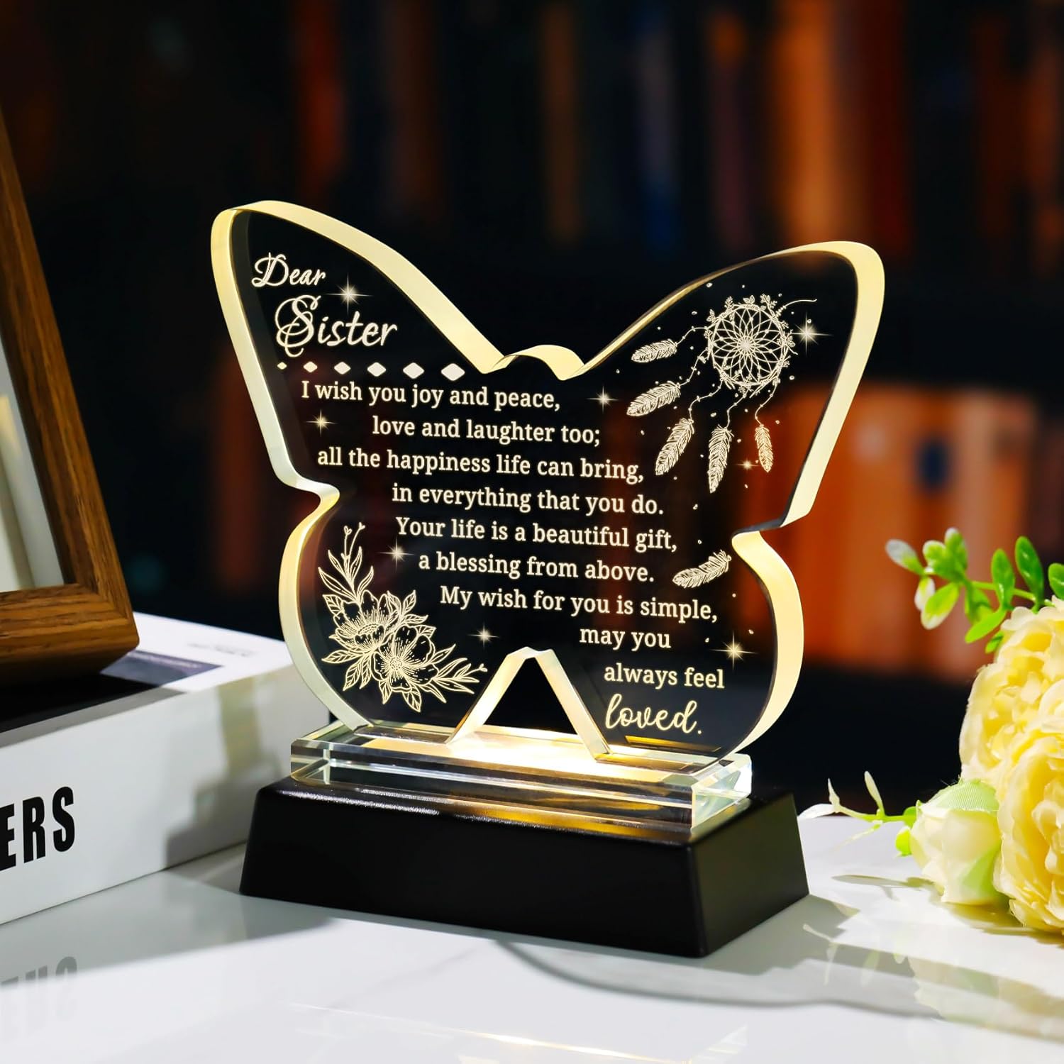 YWHL Butterfly Shaped Big Sister Birthday Gifts from Sister, Christmas Gift for Sister, Laser Engraving Glass Keepsake with Colorful Light Base - Image 2