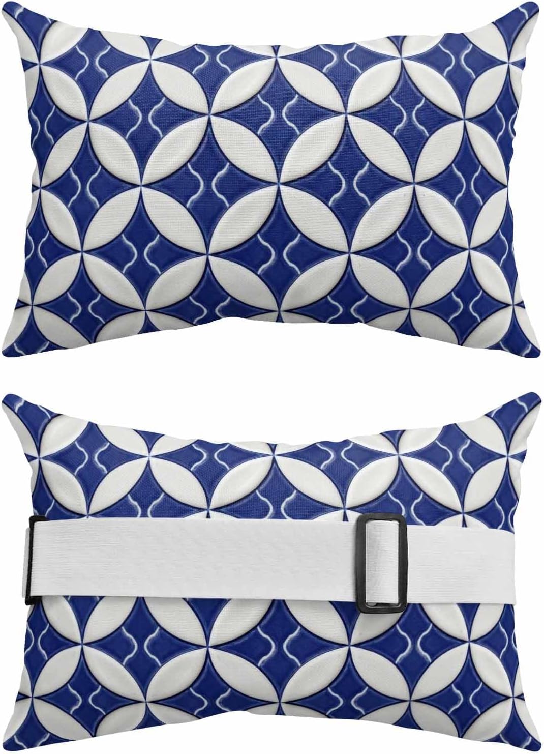 Retro Rhombus Outdoor Recliner Pillows for Head, Waterproof Chair Pillow with Elastic Stripe, Morocco Abstract Geometric Art Navy Blue Chaise Lounge Headrest Pillow for Patio/Beach/Pool 2Pack, 11"x16"