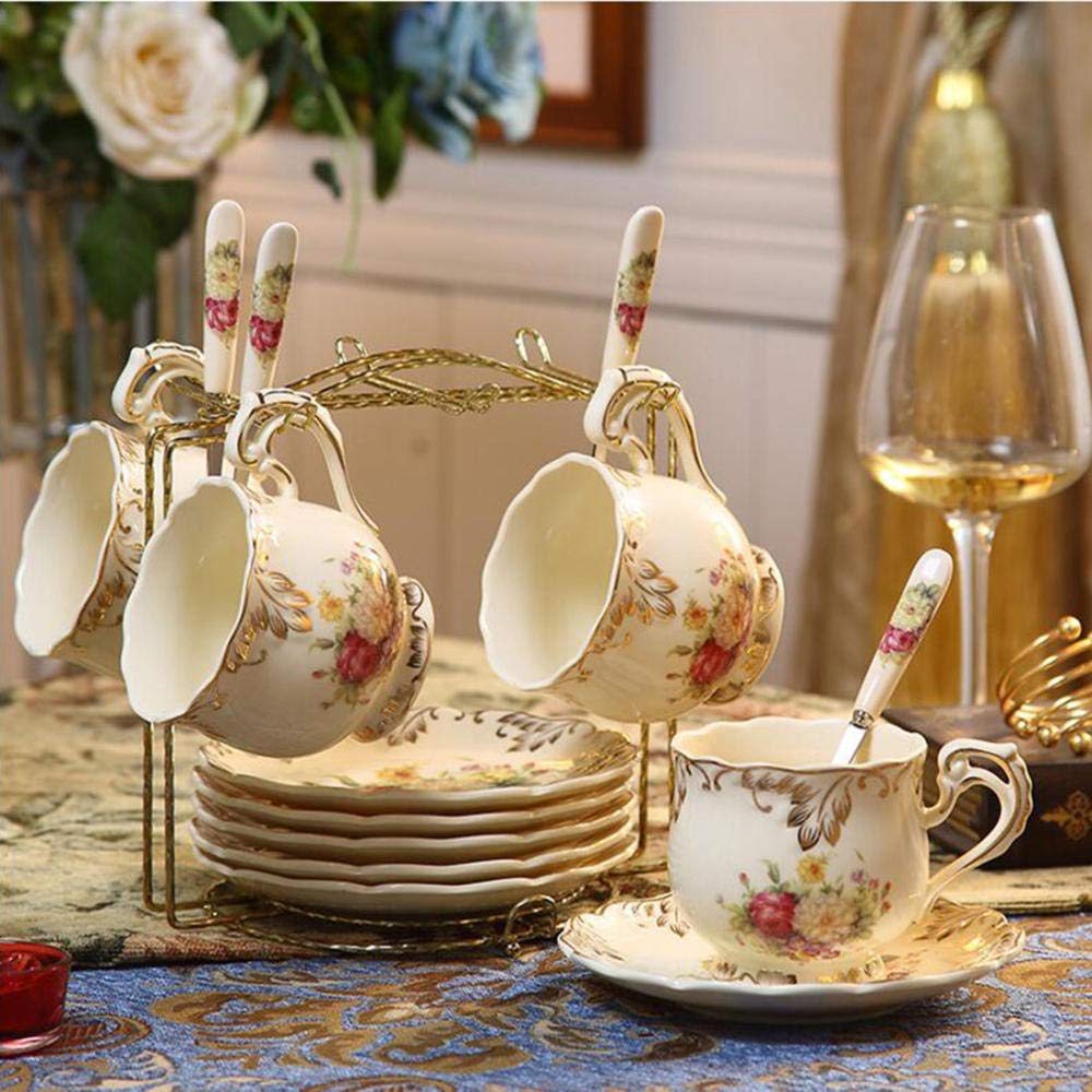 4 piece set European retro espresso cup set household cup with spoon ceramic tea set coffee cup saucer 250ml@Flower sea