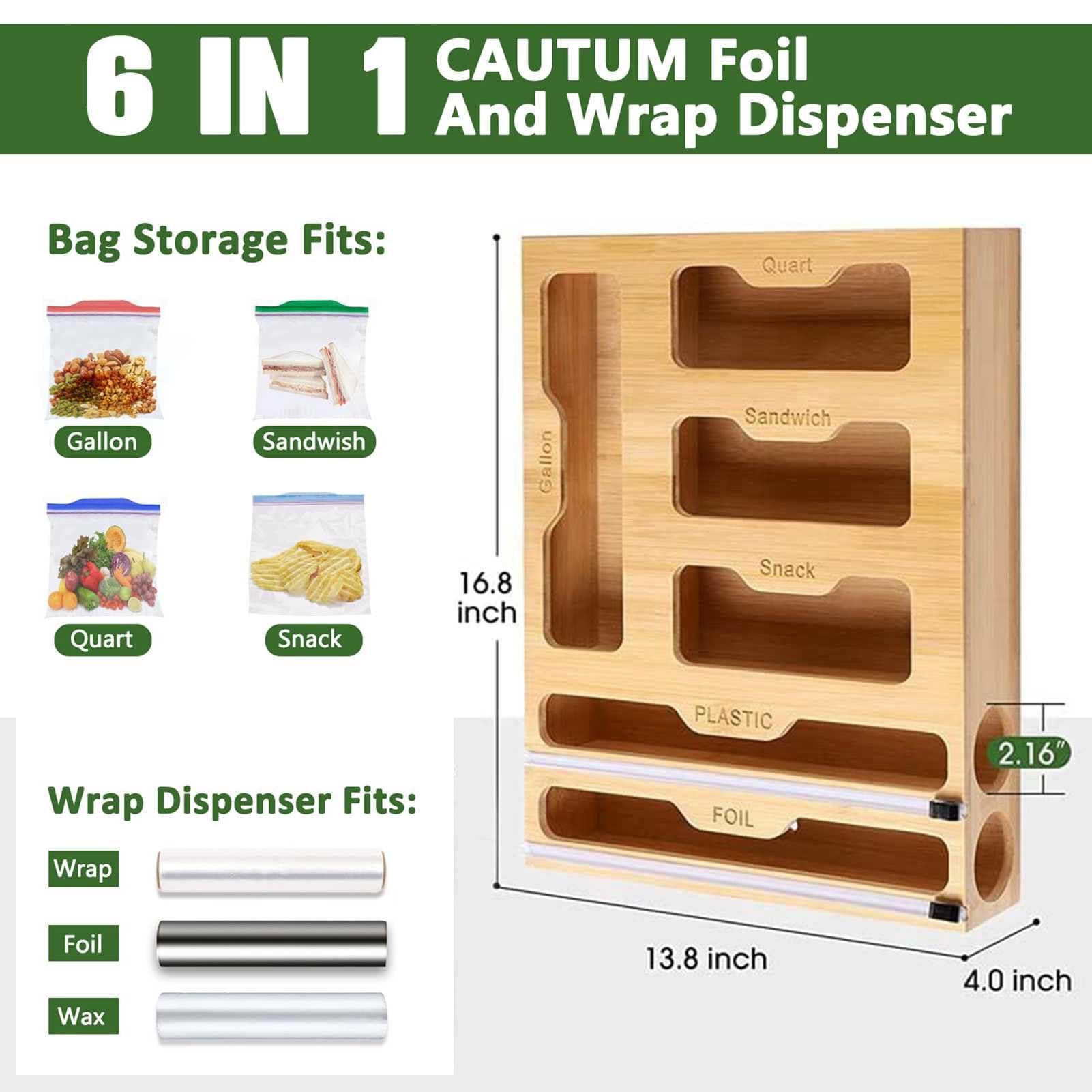 Caja organizadora de bolsas Ziplock para cajones de cocina de bambú, 6 en 1, plástico y envoltura de almacenamiento de alimentos con dispensadores y cortadores para bolsas de galones, cuartos, sándwic