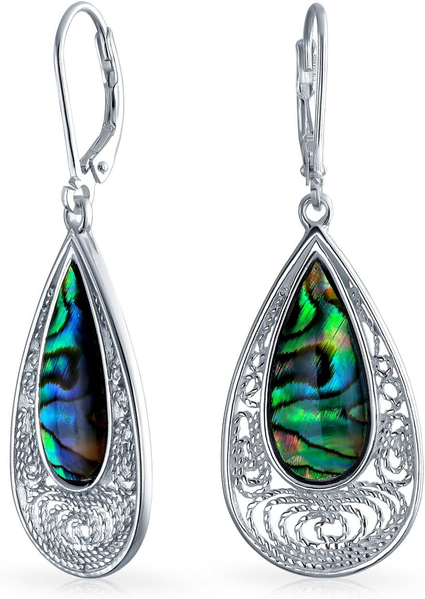 Rainbow Filigree Pear Shaped Teardrop Lever back Abalone Shell Earrings For Women .925 Sterling Silver