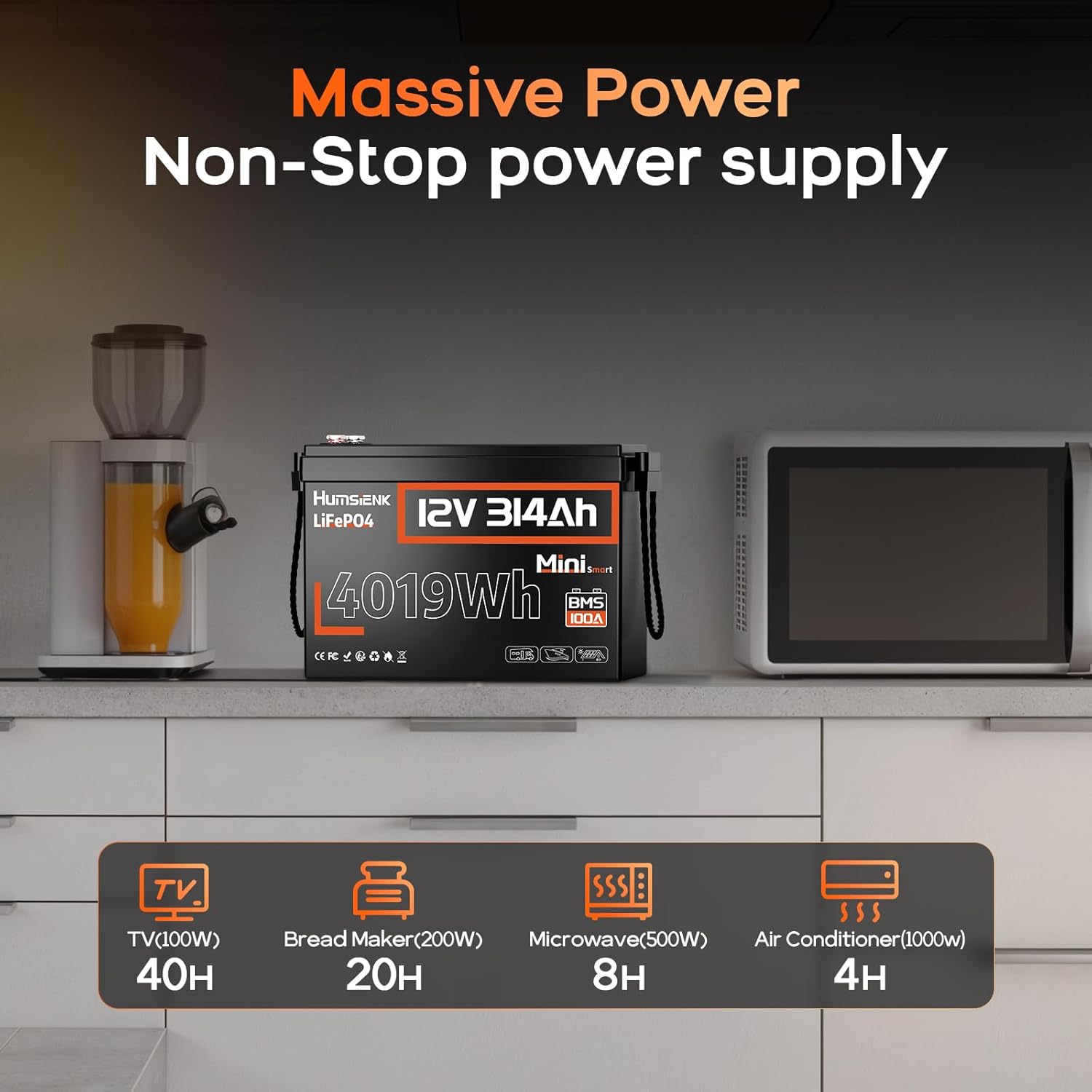 HumsiENK 12V 314Ah LiFePO4 battery powering various household appliances like a TV, bread maker, microwave, and air conditioner, with estimated runtimes.