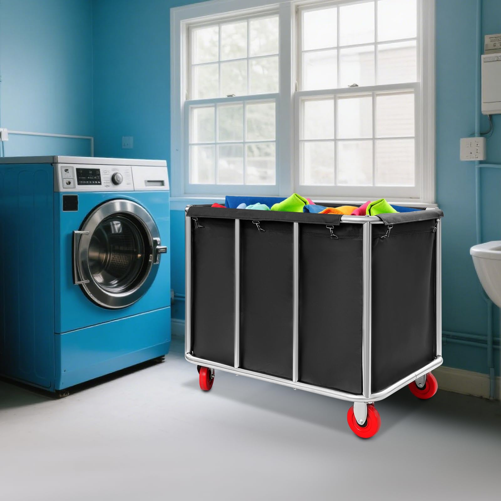 Carro para la colada, 90 x 65 x 80 cm, acero inoxidable, con ruedas, capacidad de carga de 200 kg, para hoteles, hospitales, lavandería (negro)