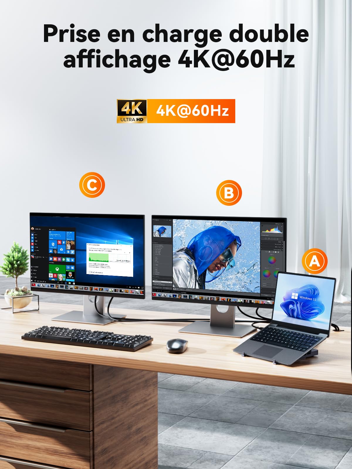 Station d'accueil pour Ordinateur Portable Dual 4K Écran(4K@120Hz + 4K@60Hz), QUUGE Docking Station Double 4K HDMI, 2 USB-A 5Gbps, 100W PD, RJ45 Ethernet USB C Dock pour Dell, HP, Surface, MacBook Air