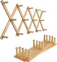 Vista 27 de SKOLOO Percha de pared de acordeón con 16 ganchos, moderno perchero expandible para pared, madera maciza, color nogal oscuro