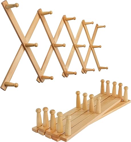 SKOLOO Perchero de pared de acordeón, paquete de 2, moderno perchero expandible montado en la pared, de madera maciza, para sombreros de pared, 14