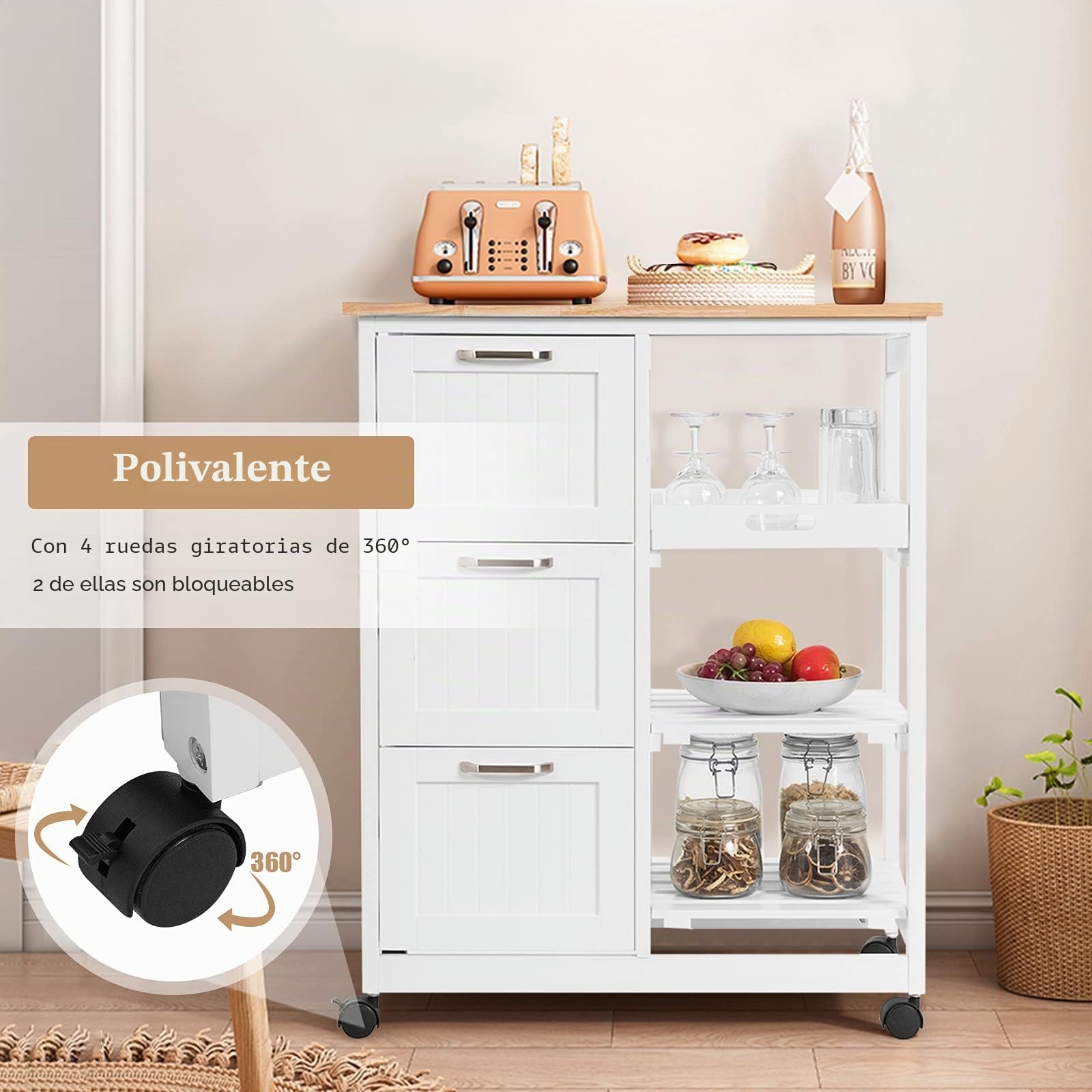 GOPLUS Carro de Cocina con Ruedas con 3 Cajones y 3 Niveles, Carrito de Cocina de Madera con 1 Bandeja Extraíble y Freno, Ideal para Cocina, Salón, Pasillo, 67 x 37 x 83,5 cm, Blanco y Natural