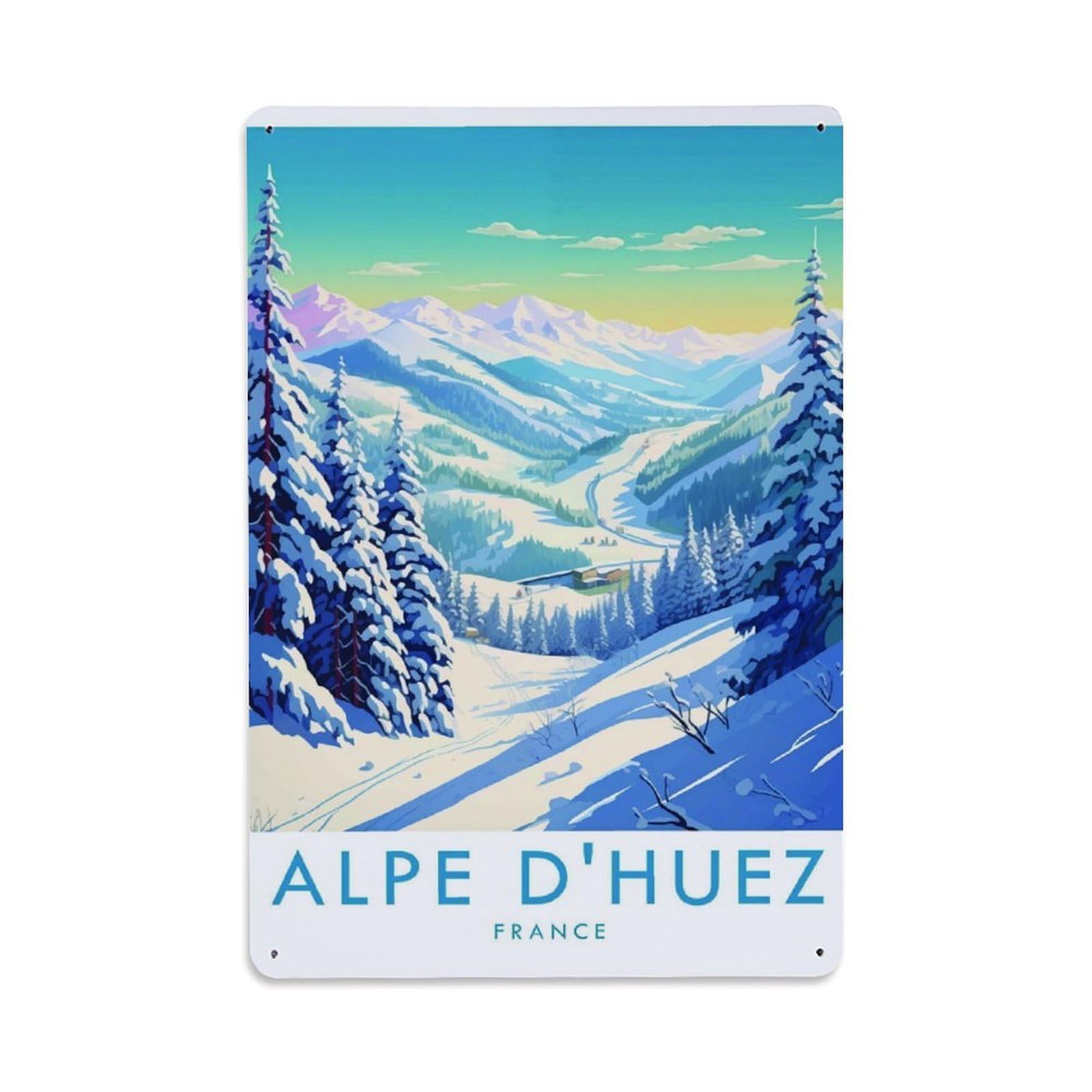 Alpe D'Huez France Snow Mountain Scenery Vintage Aluminium Metal Sign, Retro Wall Decor for Home, Bar, Garage & Farmhouse 30x20cm