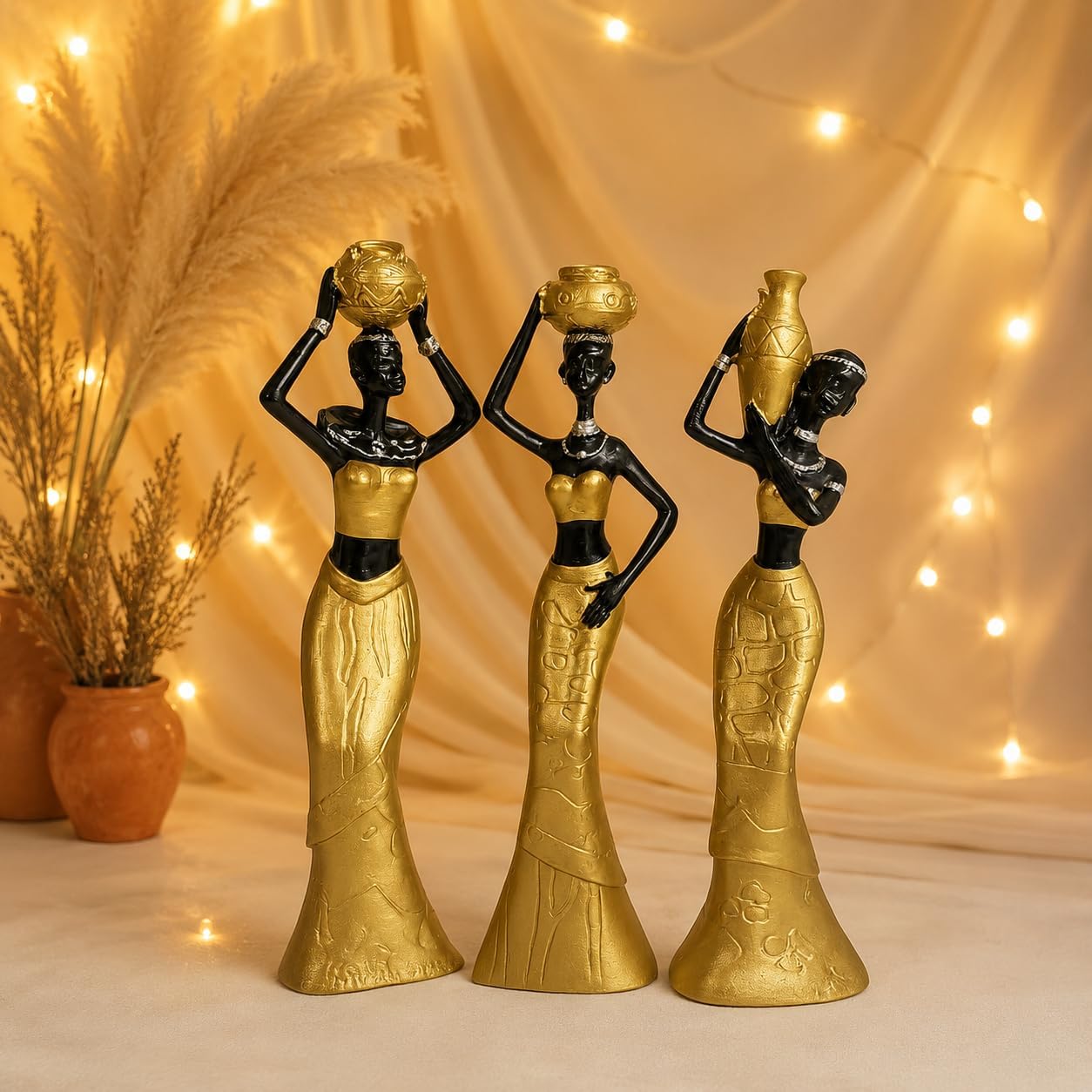 Xtore Beautiful New Golden & Black African Women for Home Decor (Pack of 3, Golden & Black)
