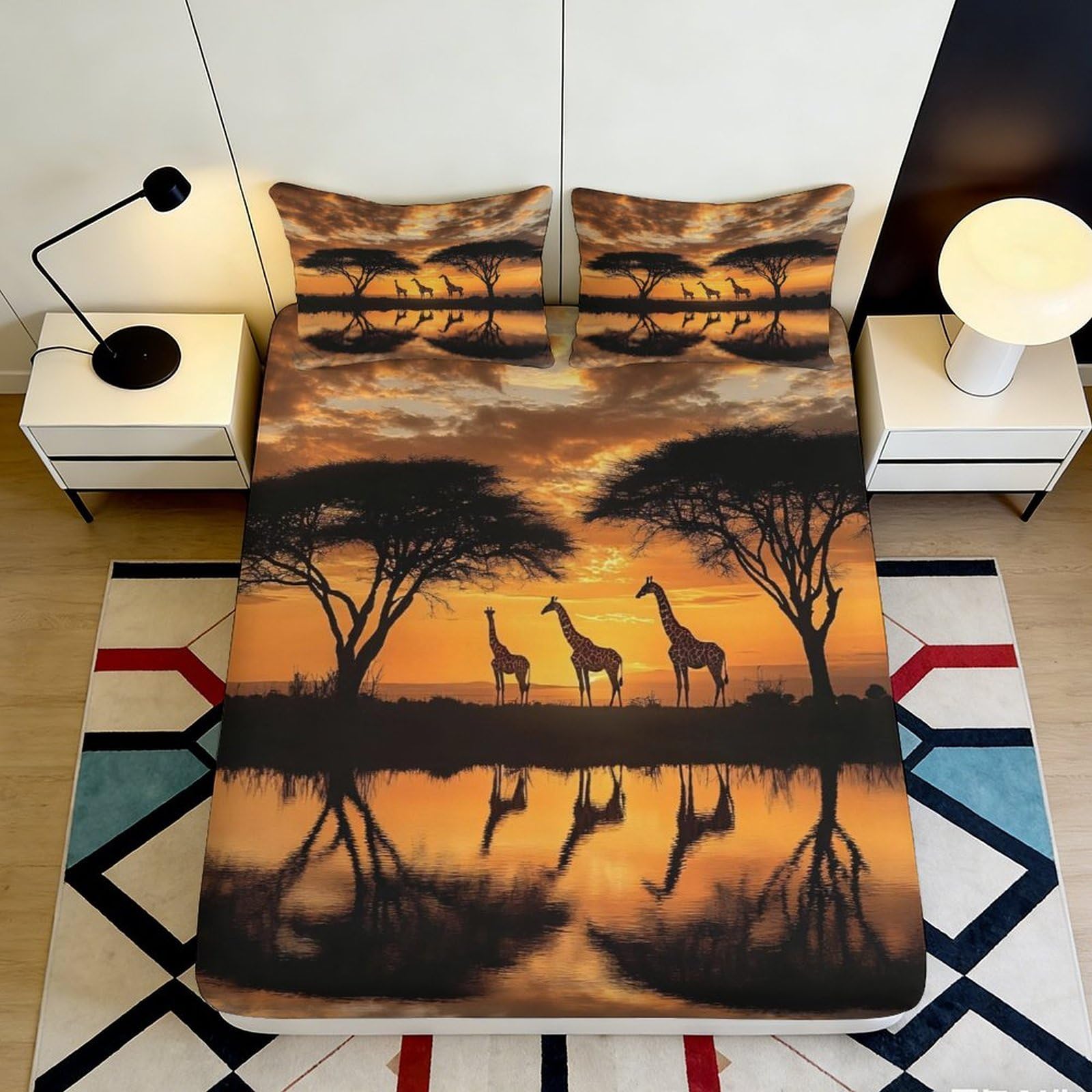 3D Printed African Sunset Fitted Sheet Microfiber Soft Breathable Giraffe Reflection Bed Cover for Bedroom Dormitory Guest Room Mattress Protection 120x200x25cm