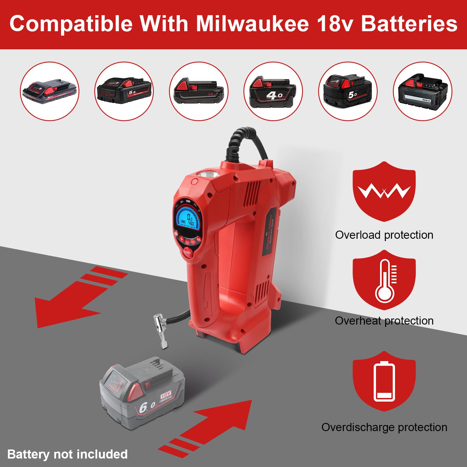 QUPERR Akku Kompressor kompatibel mit Milwaukee M18 Akkus, Elektrischer Luftkompressor bis 10,34 bar mit LED-Licht & Autostopp, Tragbare Luftpumpe für Auto, Motorrad, Fahrrad, Bälle (ohne Akku)