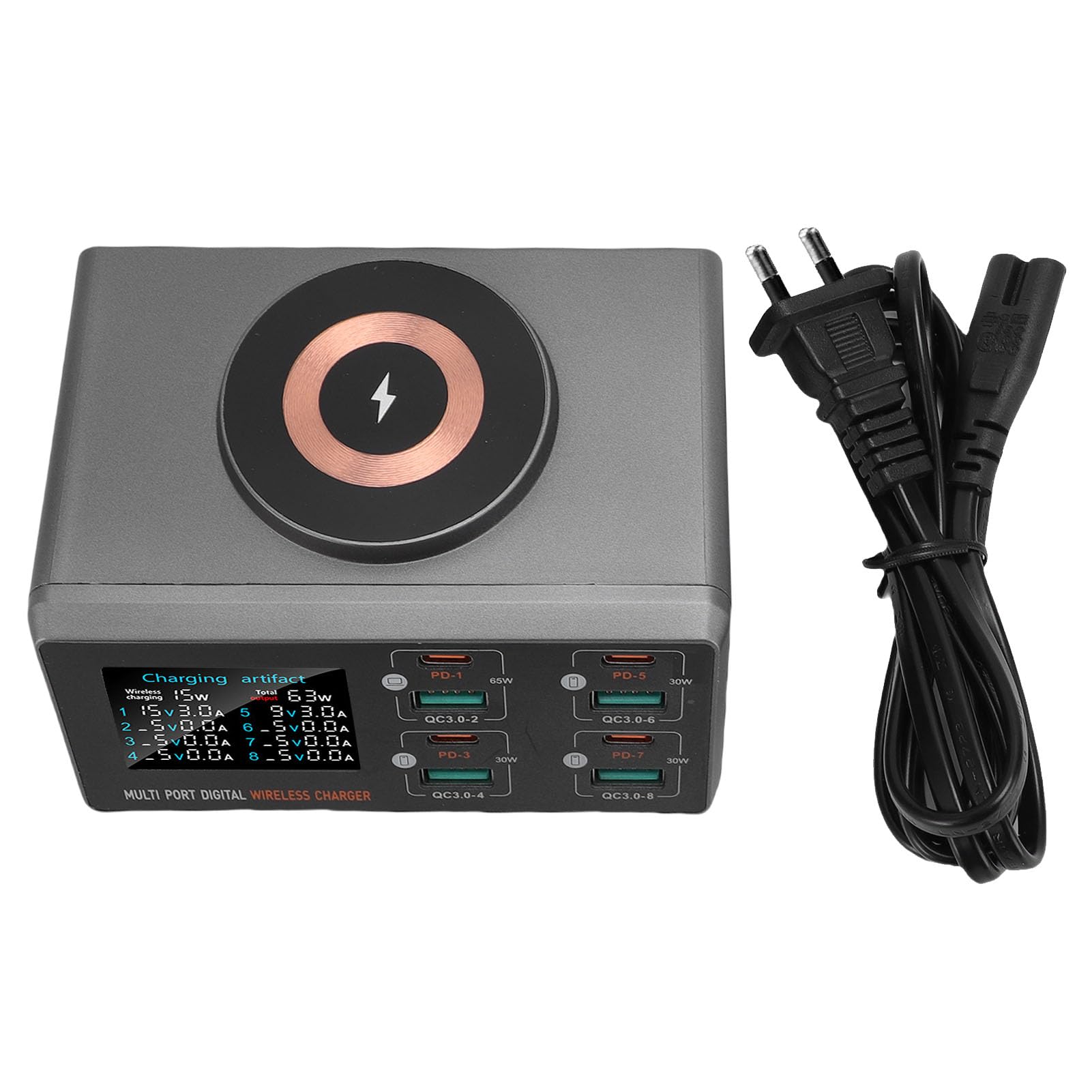 Stazione di Ricarica, Caricabatterie Tavolo 140W con Display LCD, Multiporta con PD da 65W, QC3.0, Ricarica Wireless Magnetica 15W, Supporta 9 (Spina europea)