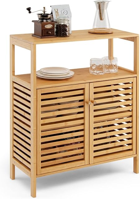 Multigot Bamboo Floor Cabinet, Freestanding Bathroom Storage Cabinet with Double Slatted Doors, Open Shelf and Removable Shelf, Bathroom Living Room Kitchen Organiser Unit