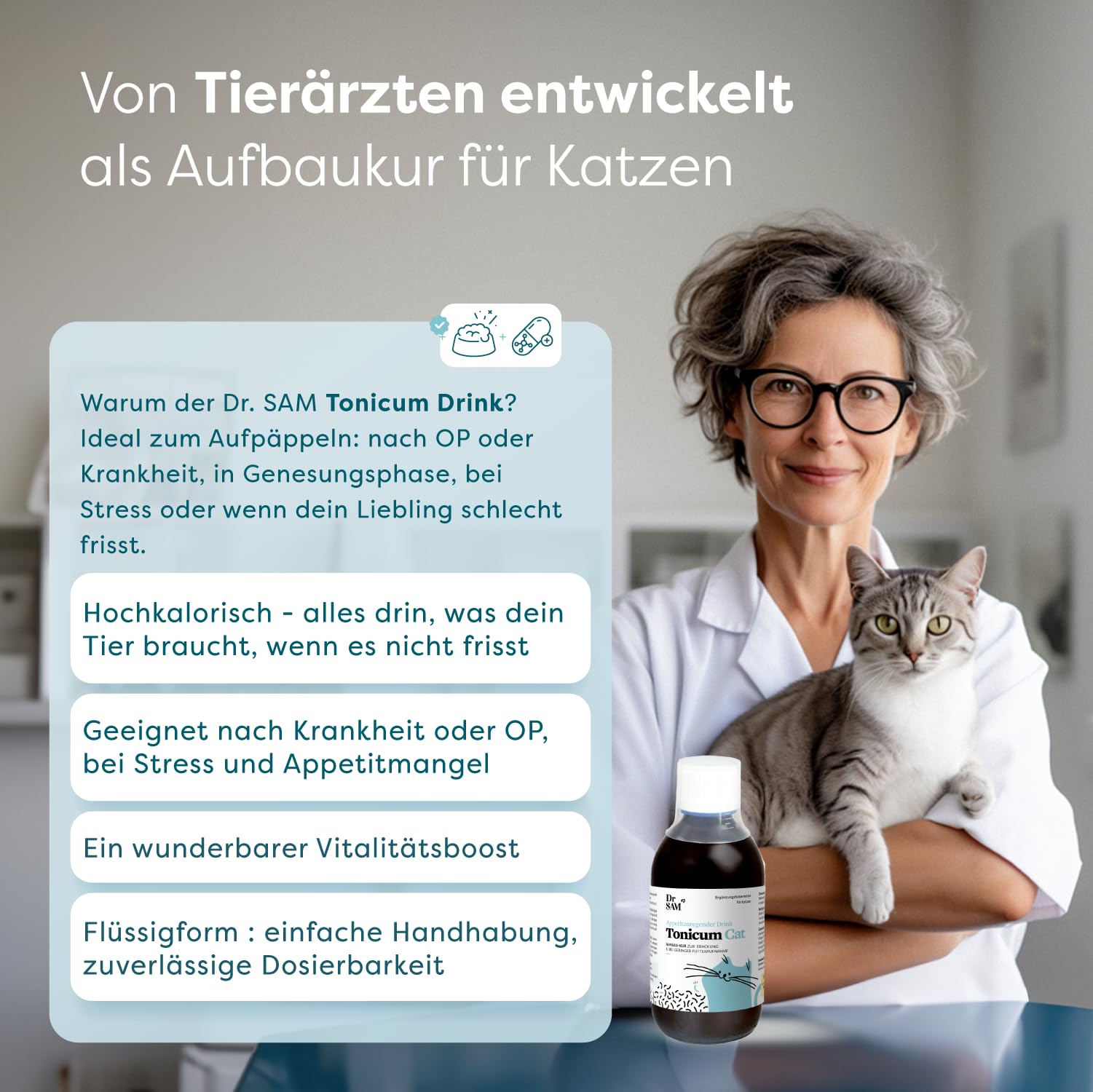 Dr. SAM Tonicum Cat Astronautenkost – flüssige Aufbau-Kur bei Appetitlosigkeit, mit Vitaminen, Proteinen & Spurenelementen, unterstützt Katzen nach Krankheit, OP oder Magen-Darm-Beschwerden, 280ml