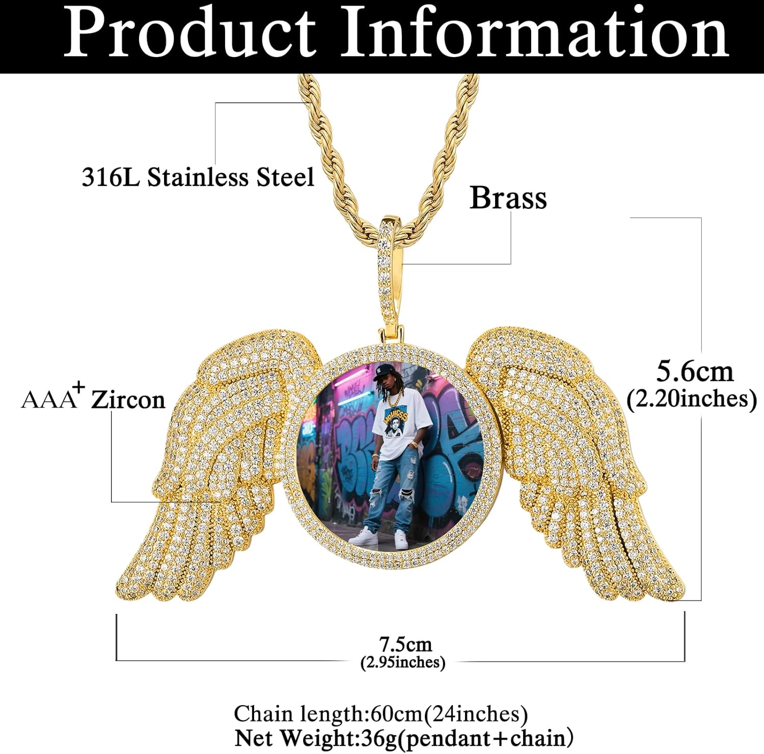 Hiyong Personalized Picture Necklace for Men Women 18K Gold Plated Custom Photo Pendant with Memory Medallion Choose Tennis Cuban or Rope Chain - Necklace for Hip Hop Jewelry Lovers