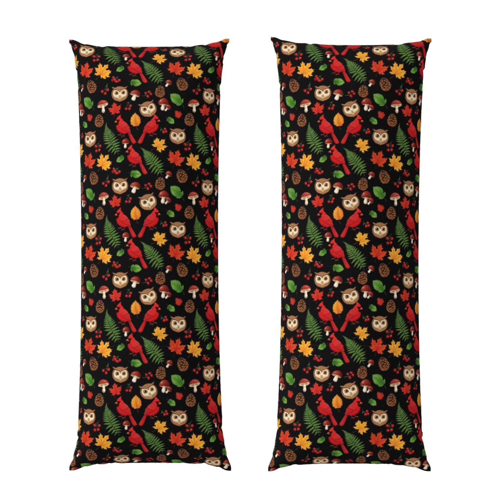 Body Pillowcase 20x54, Christmas Red Birds Owl Autumn Fall Leaves Mushrooms, Plush Velvet Pillow Cover with Zipper, Cozyffy Rectangular Cushion Case for Couch Bed Home Hotel