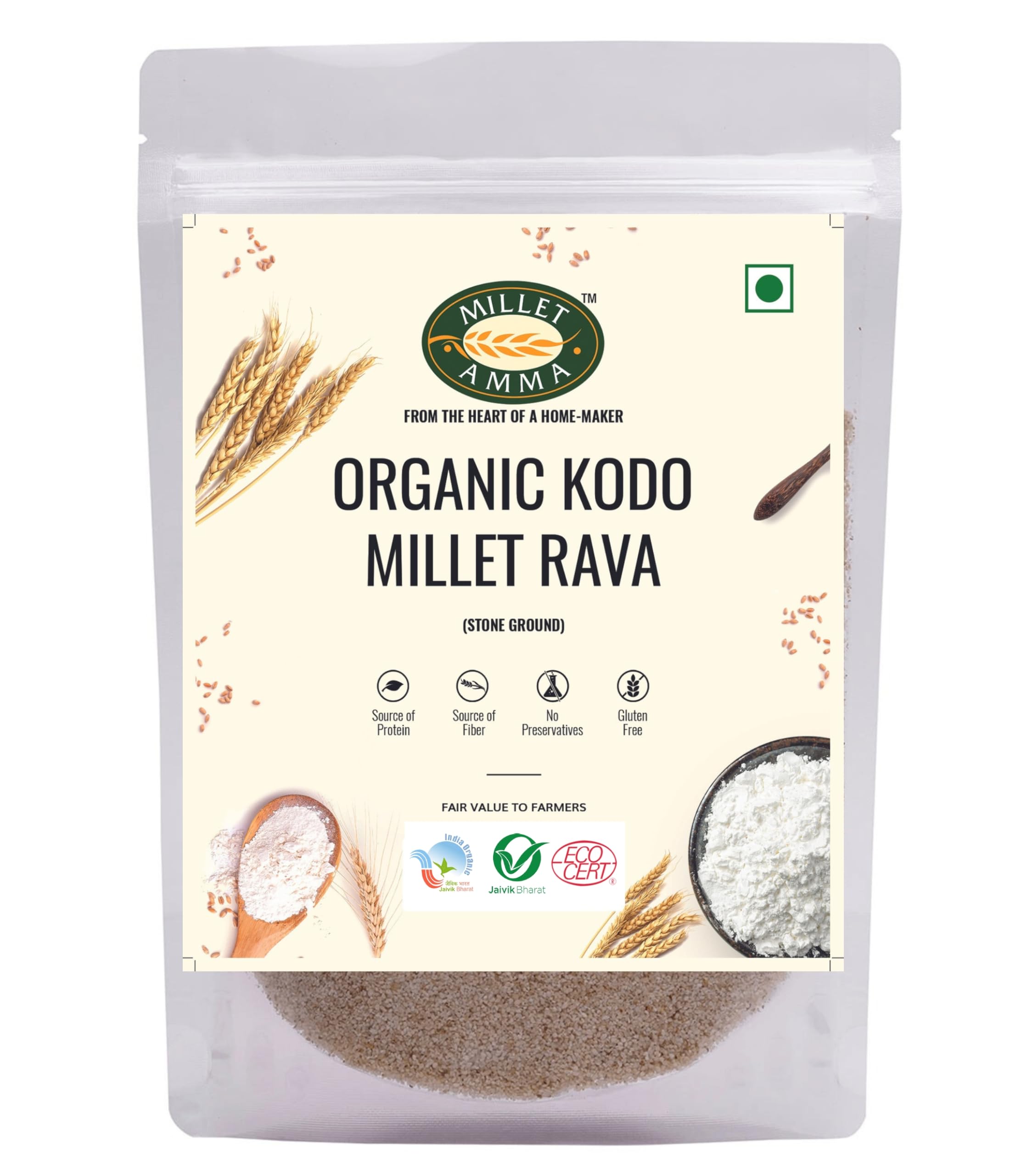 Millet Amma CERTIFIED ORGANIC Kodo Millet Rava - 1 kg Pack | (Arikelu | Hark | Varigu | Kodra | Varagu) | Rich in Fiber and High Protein | Suitable for Multiple Recipes (Upma, Idly)