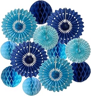 12pcs 6’’ 8’’ Honeycomb Balls Tissue Paper Fans Party Honeycomb Ball Fans Wall Decorations Tissue Pom Poms Flower Balls Hanging Paper Fans for Party Baby Shower Birthday Wedding Nursery(Blue kit)