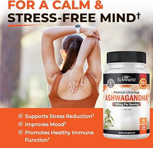 Miniatura 4 de BioSchwartz Ashwagandha Supplements - Cápsulas de Ashwagandha extra fuertes de 500 mg por porción, sin gluten, sin OMG, fabricadas en los Estados