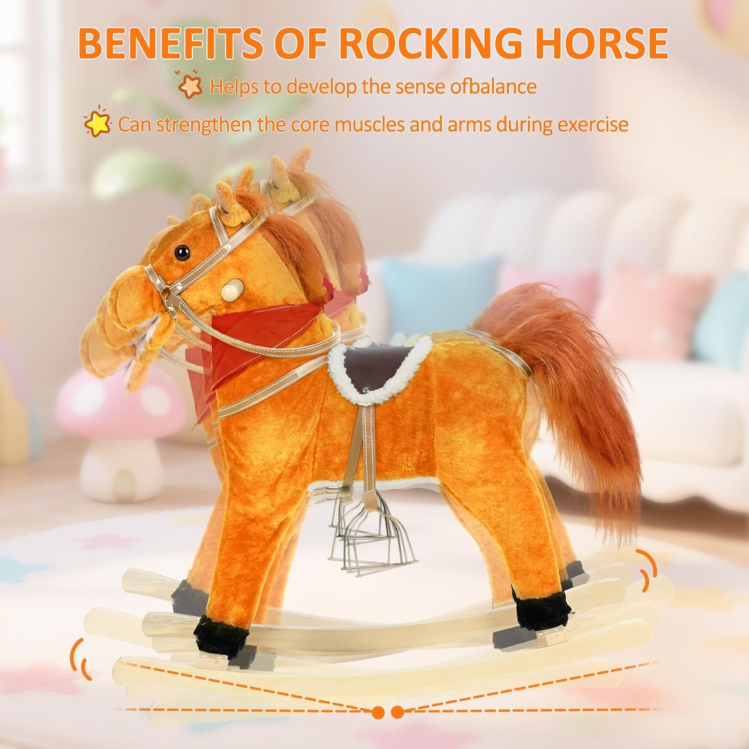 Rocking Horse Toy for Kids Plush Ride on Animal with Wooden Rockers, Moving Mouth and Wagging Tail, Musical Sounds, Baby Rocking Chair, 120kg Weight Capacity, Ages 1-6 Light Brown Middle