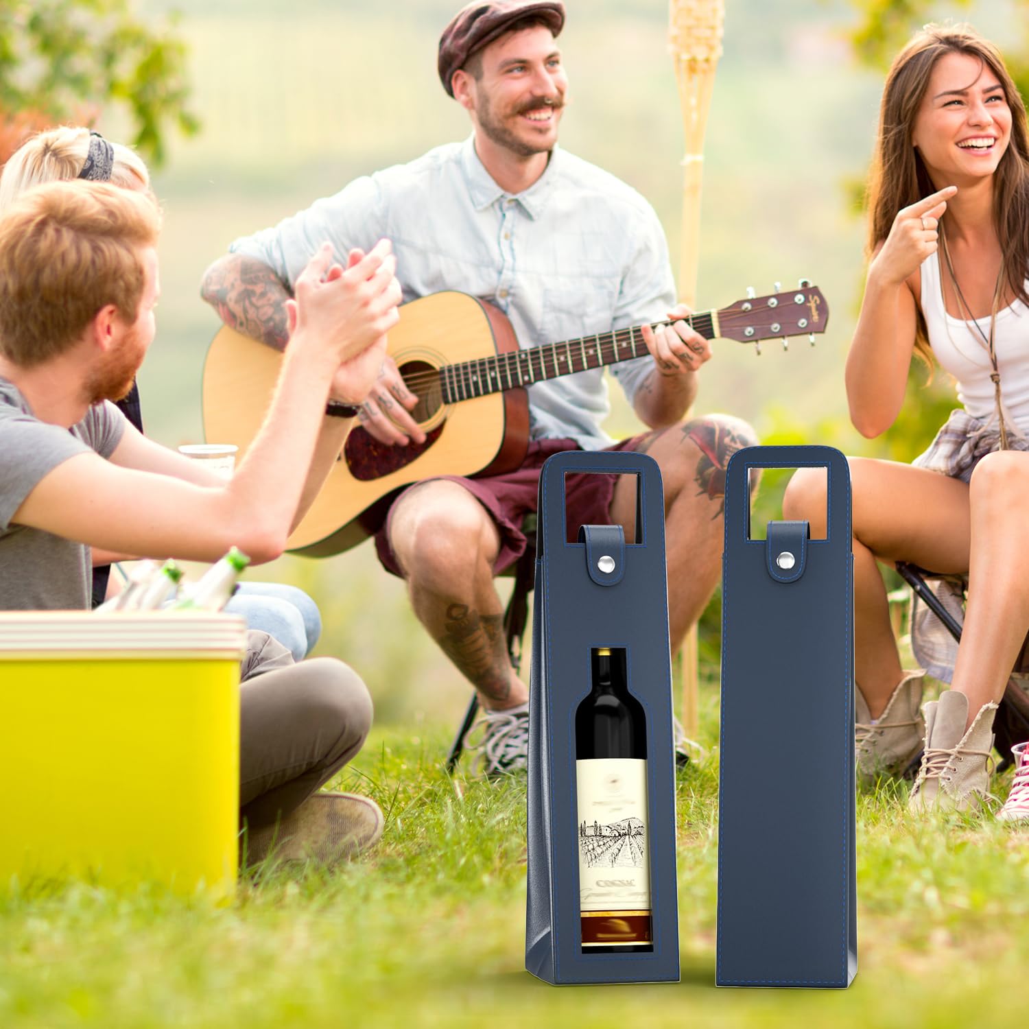 RYDDOY Sac cadeau pour vin, sac fourre-tout réutilisable en cuir pour bouteille de champagne et bière pour anniversaire, mariage, pique-nique, cadeaux de Noël (bleu)