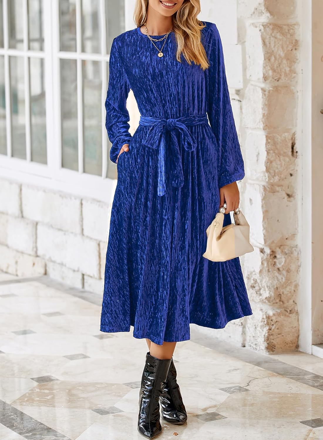 Happy Sailed Women's Velvet Dress Fashion Fall Winter Long Sleeve High Waist A-Line Semi Formal Wedding Guest Dresses - Image 2