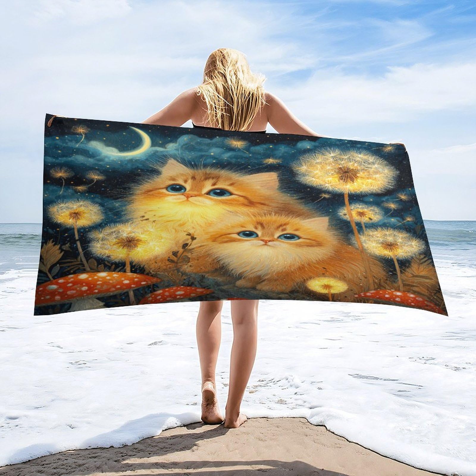 Luyysky Classic Rustic Cute Kitten Quick-Drying Beach Towel, Anime Oil Painting Starry Sky Galaxy Plant Dandelion Mushroom Animals Travel Vacation Single Sided Pile Bathroom Towels-80"W Cm X 160"L Cm