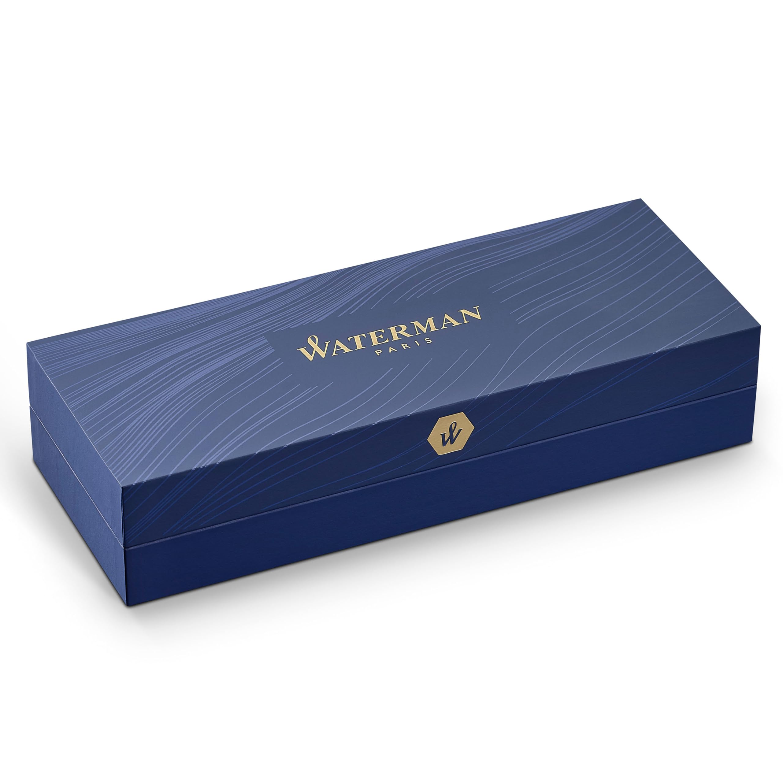 Waterman Carène Deluxe bolígrafo | color negro brillante y chapado en plata | clip de oro de 23 quilates | punta media con cartucho de tinta azul | estuche de regalo