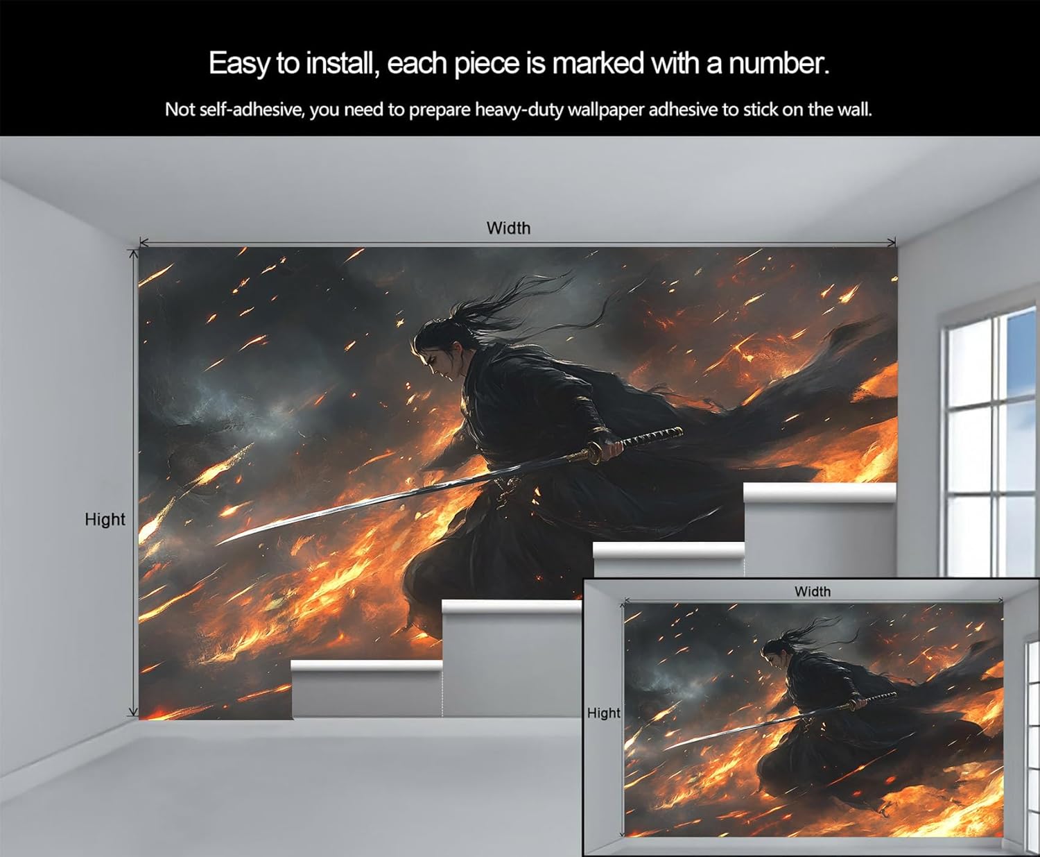 Samurai Wallpaper, Warrior Bedroom Wallpaper, Anime Mural Wallpapers & Home Decor, Non-Self-Adhesive Custom Murals for Living Room 103" x 69 "