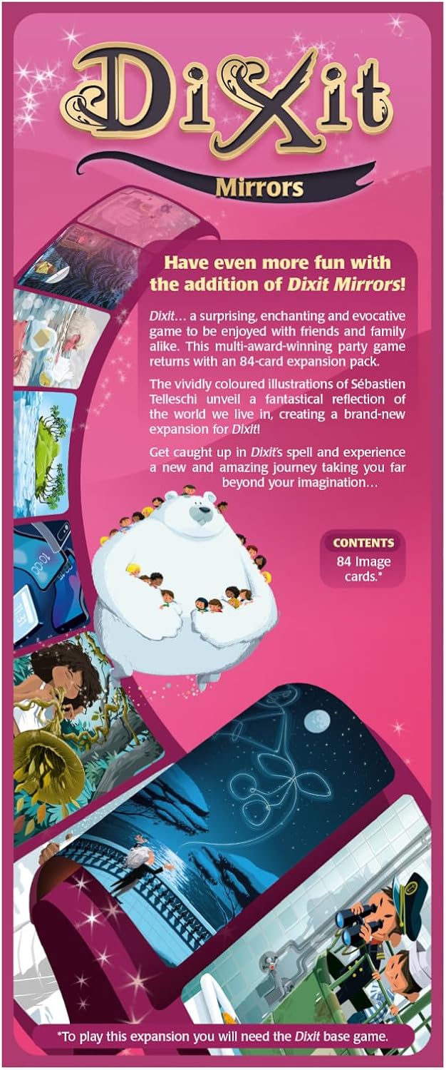 Dixit Mirrors Board Game Expansion - Unveil a Fantastical Reflection of Society! Creative Storytelling Game, Family Game for Kids & Adults, Ages 8+, 3-6 Players, 30 Min Playtime, Made by Libellud