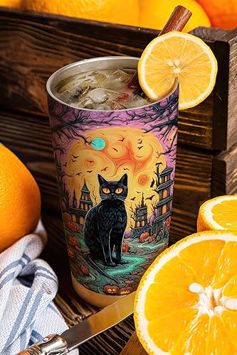 Miniatura 3 de Vaso de Halloween de 20 onzas, gato negro fantasma con calabazas de Halloween, taza de viaje aislada con tapa, termo de café para hombres, mujeres,
