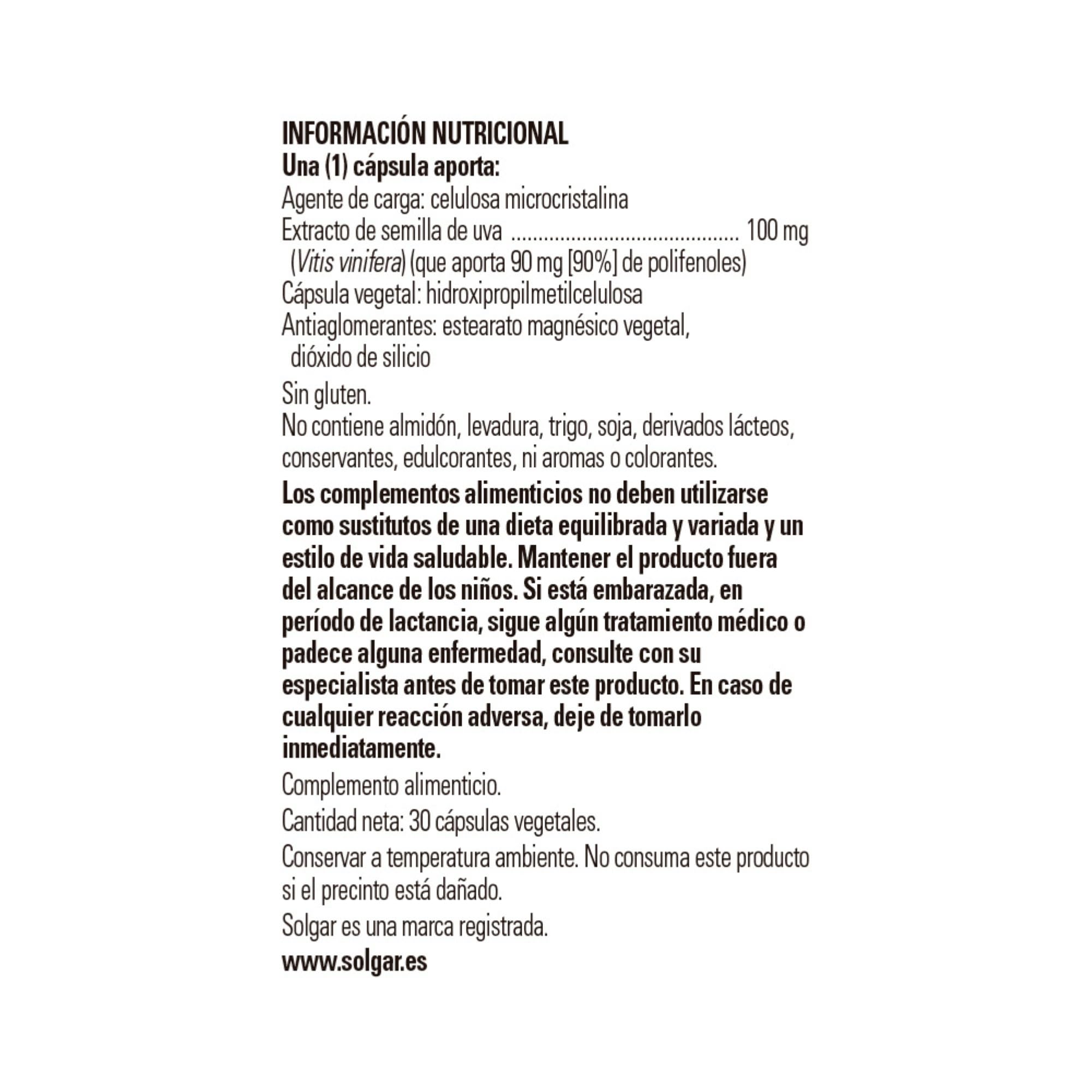 Solgar Extracto de semilla de Uva 100 mg Cápsulas vegetales, Envase de 30