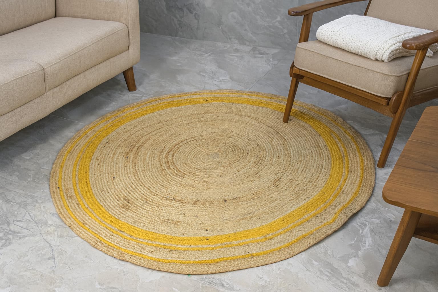 Tapis Rond en Jute tressé à la Main pour décoration d'intérieur, Beige + Jaune (180x180 cm Round)
