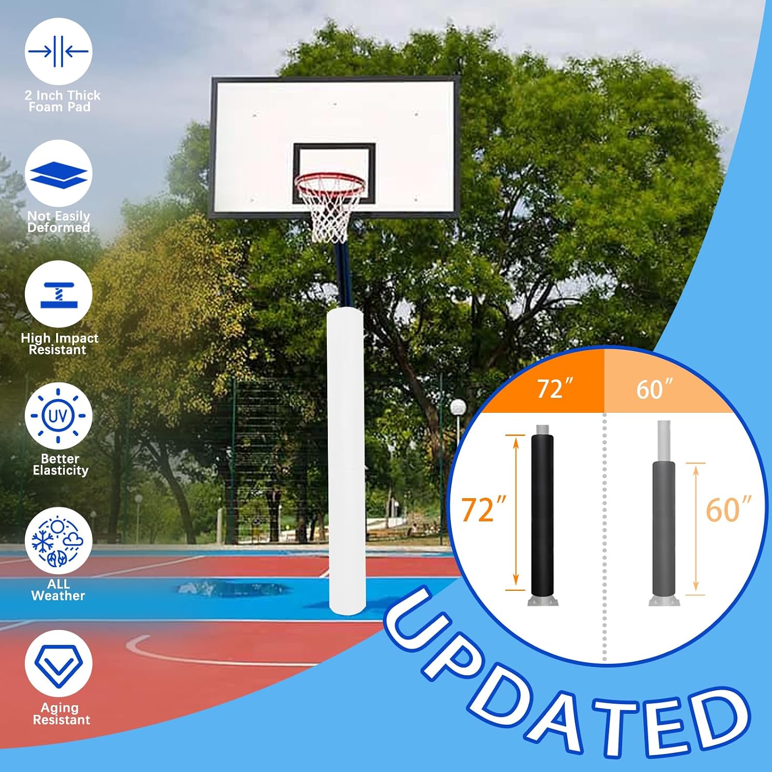 Basketball Pole Padding 72" Heavy Duty Safety Pad for 3-5" Round Poles, Waterproof & Durable – Gym, Garage, Playground Protection