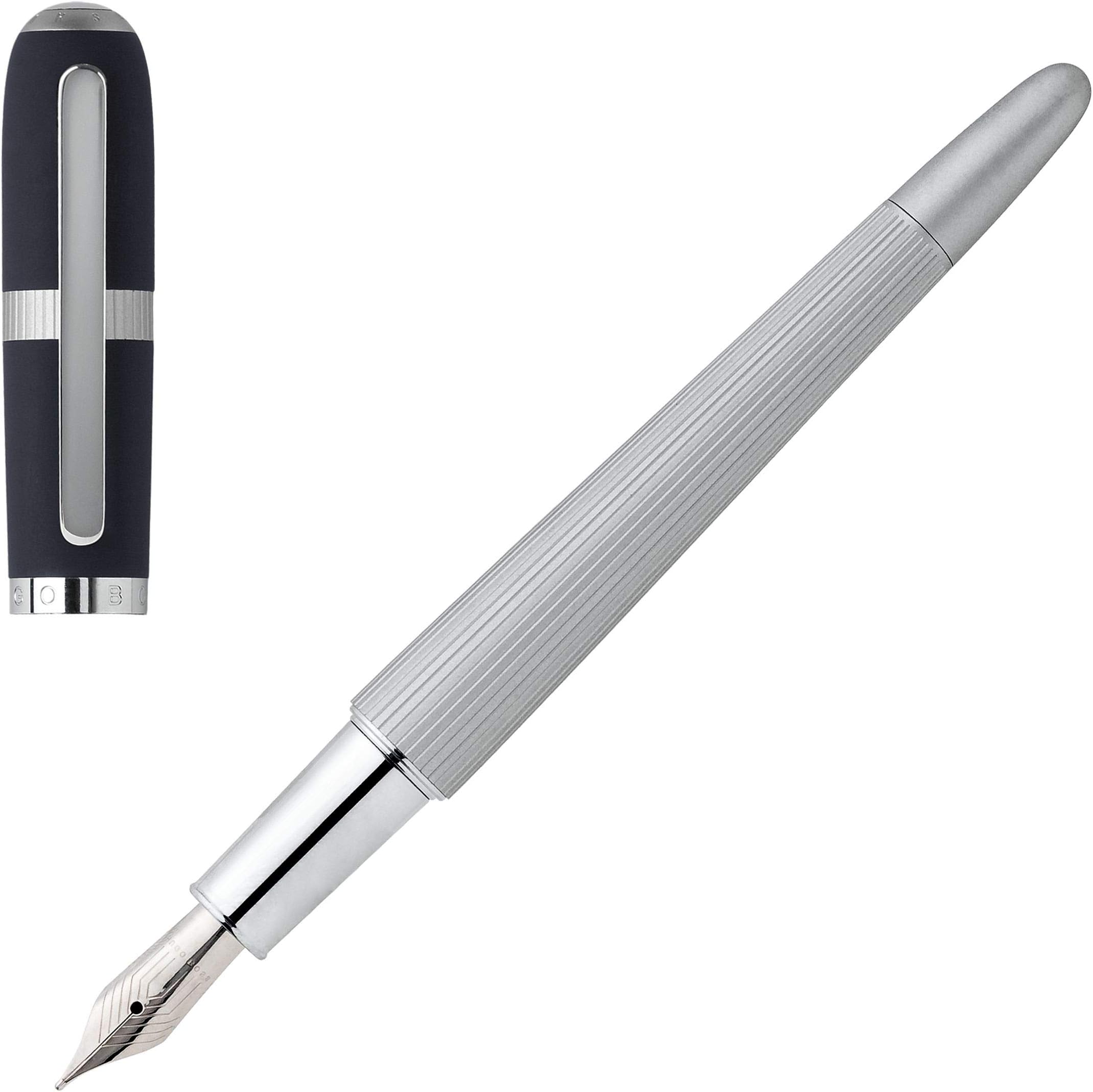 BOSSHUGO Fountain Pen Contour Navy Contemporary Contrasting Classic Rounded Look Pen with Finely Engraved Lines and Decorative Elements on Mouth. Feather Rollerball Pen