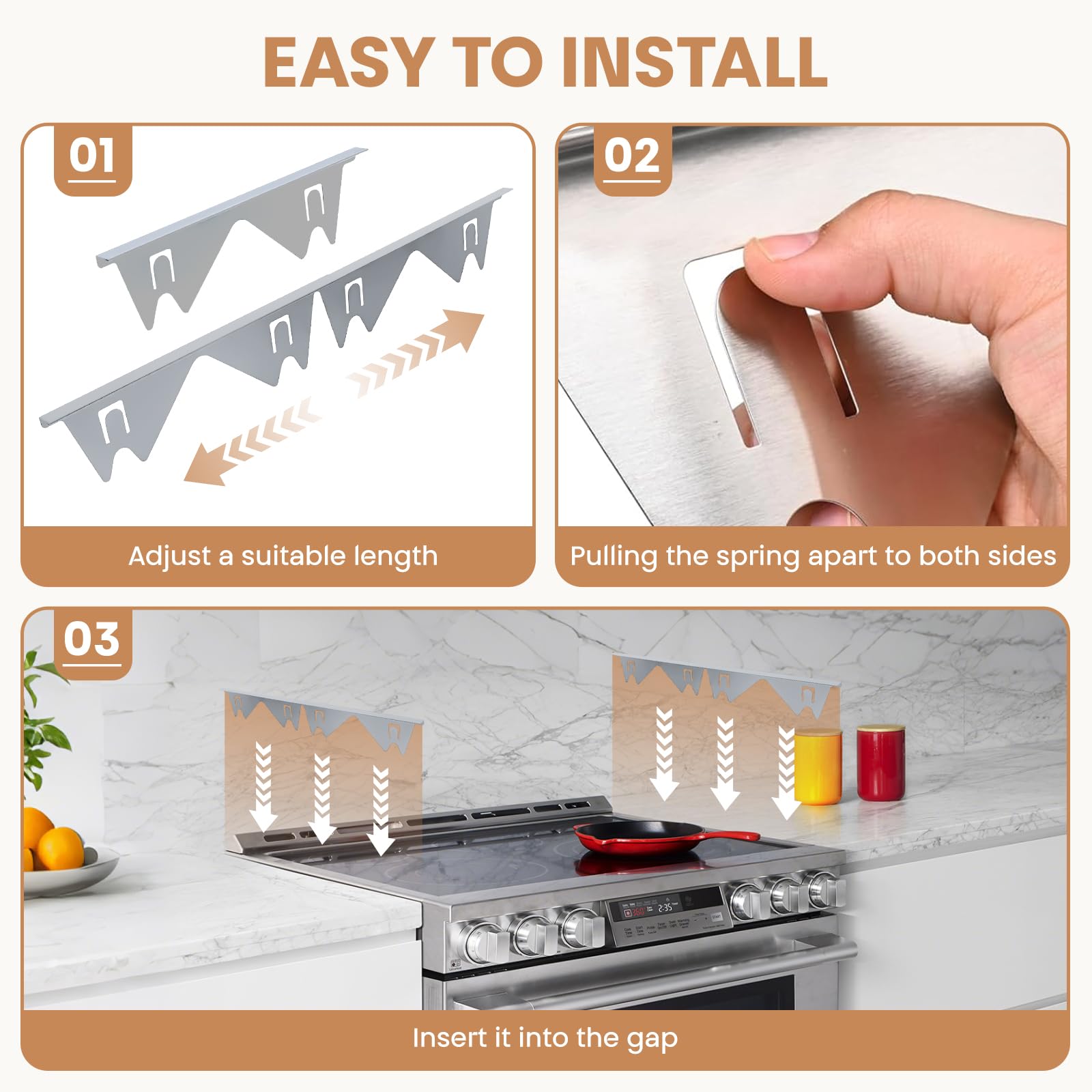 Stove Gap Covers Stainless Steel, 4 Pack Cooker Gap Filler Easy Retractable Length 360mm - 720mm, Width 210mm Range Trim Kit, Heat Resistant Guard Between Stove Top & Counter (White) - Image 3