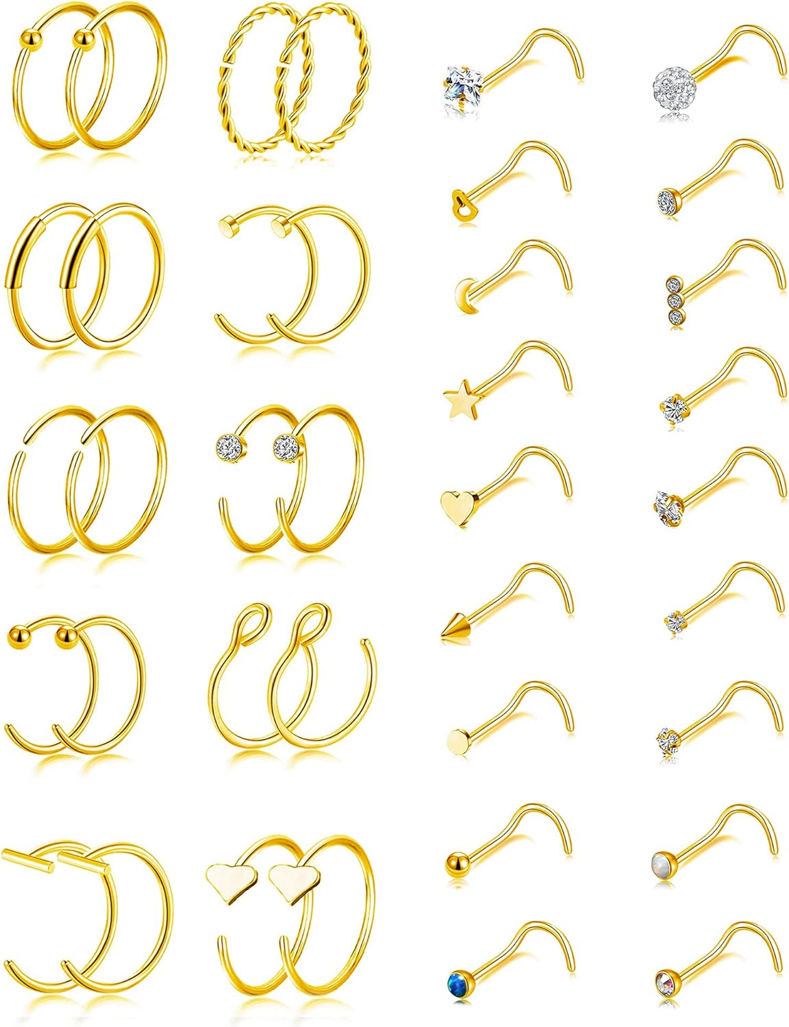 Tornito 20G 38Pcs Stainless Steel L Bone Screw Shaped Nose Studs Nose Rings CZ Hoop Tragus Cartilage Nose Ring Labret Nose Piercing Jewelry for Men Women Rose Gold Tone