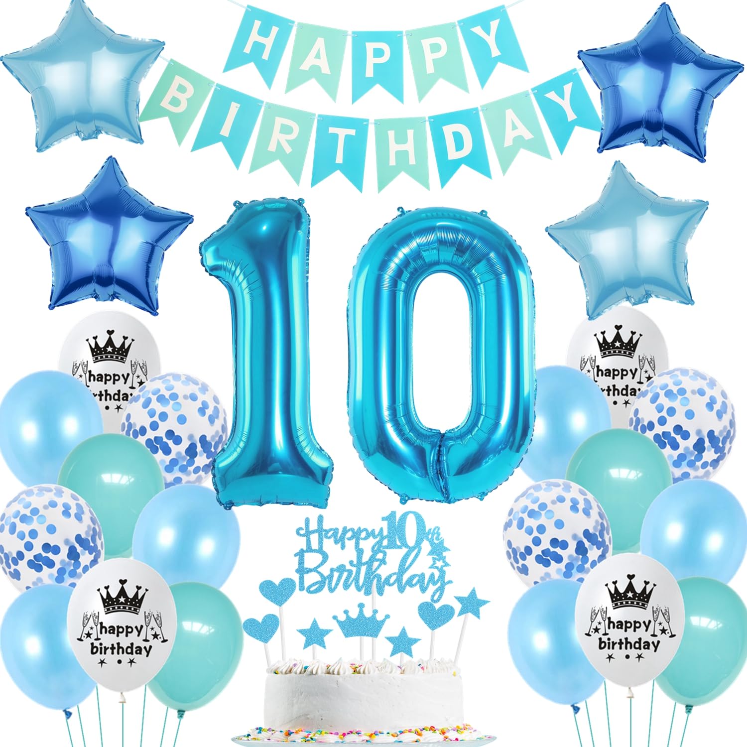 Set Decorazioni Compleanno 10 Anni A Tema Videogiochi - Palloncini Blu, Numero 10, Addobbi Per Torta E Festa
