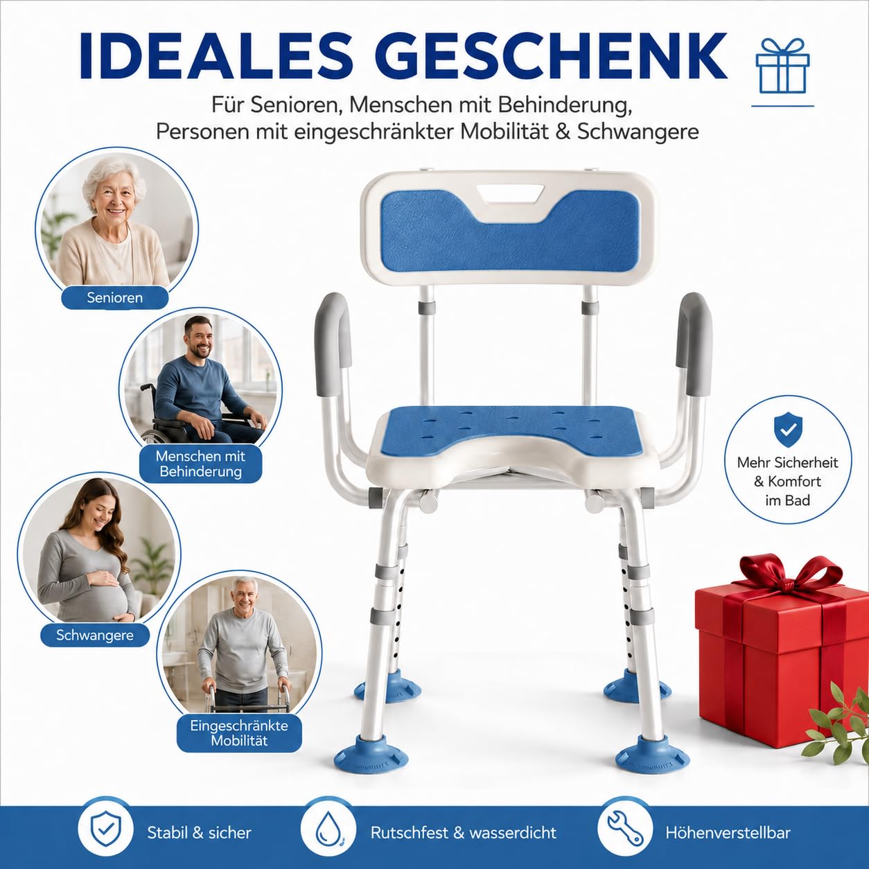 RMAN® Krzesło prysznicowe dla seniorów, obciążenie ok. 150 kg, siedzisko do wanny | Regulowana wysokość podpórki prysznicowej z antypoślizgowym oparciem, niebieski