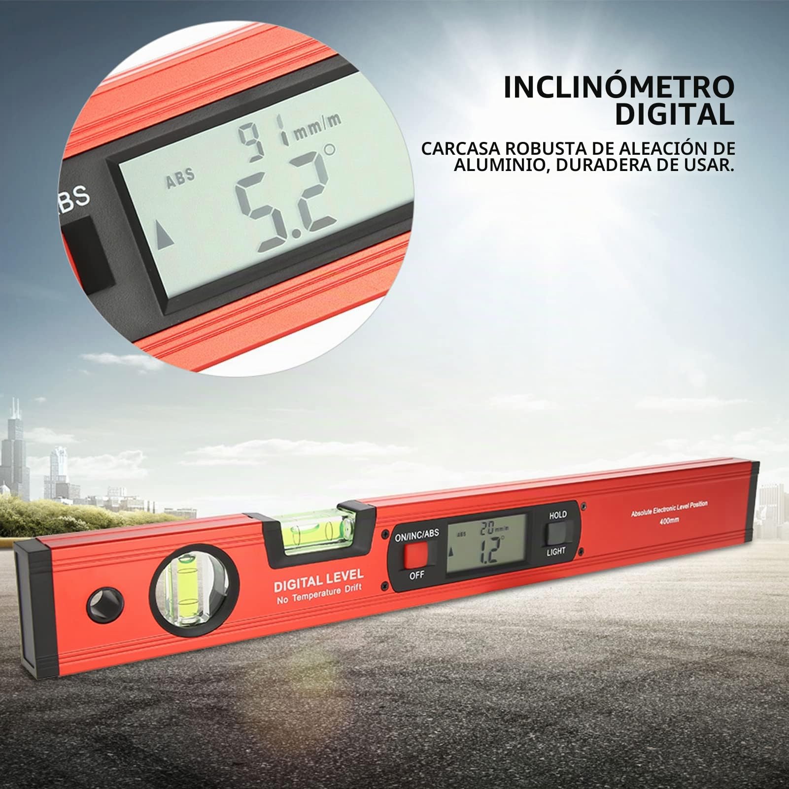 Nivel Digital Multifunción con Base Magnética y Medidor de Ángulo 360°, Pantalla LCD, Aleación de Aluminio, Tamaño 430x60x30mm, Color Rojo, 2 Burbujas